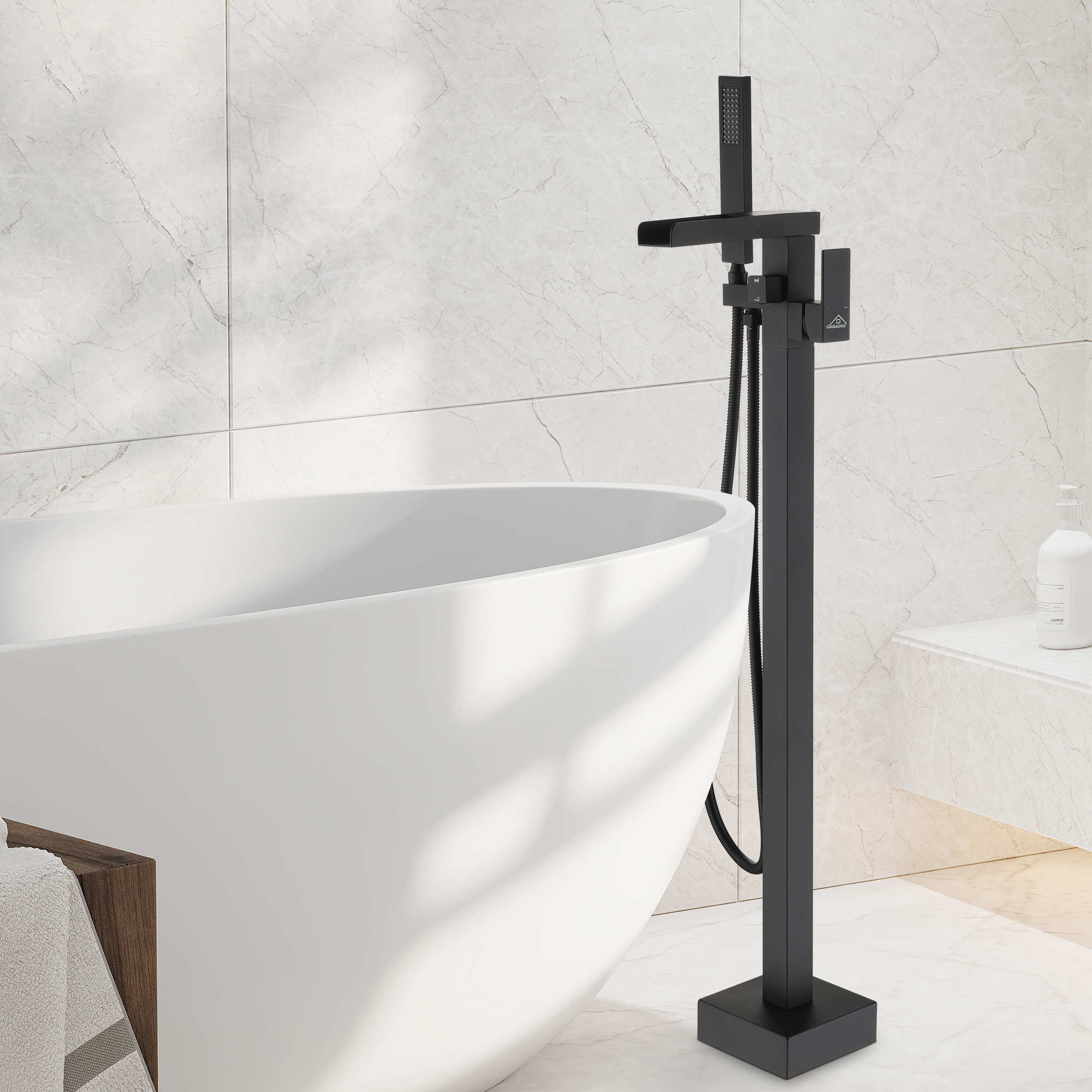 2.5 GPM Floor Mount Freestanding Waterfall Tub Faucet with Handheld Shower, Brushed Nickel/Matte Black/Brushed Gold