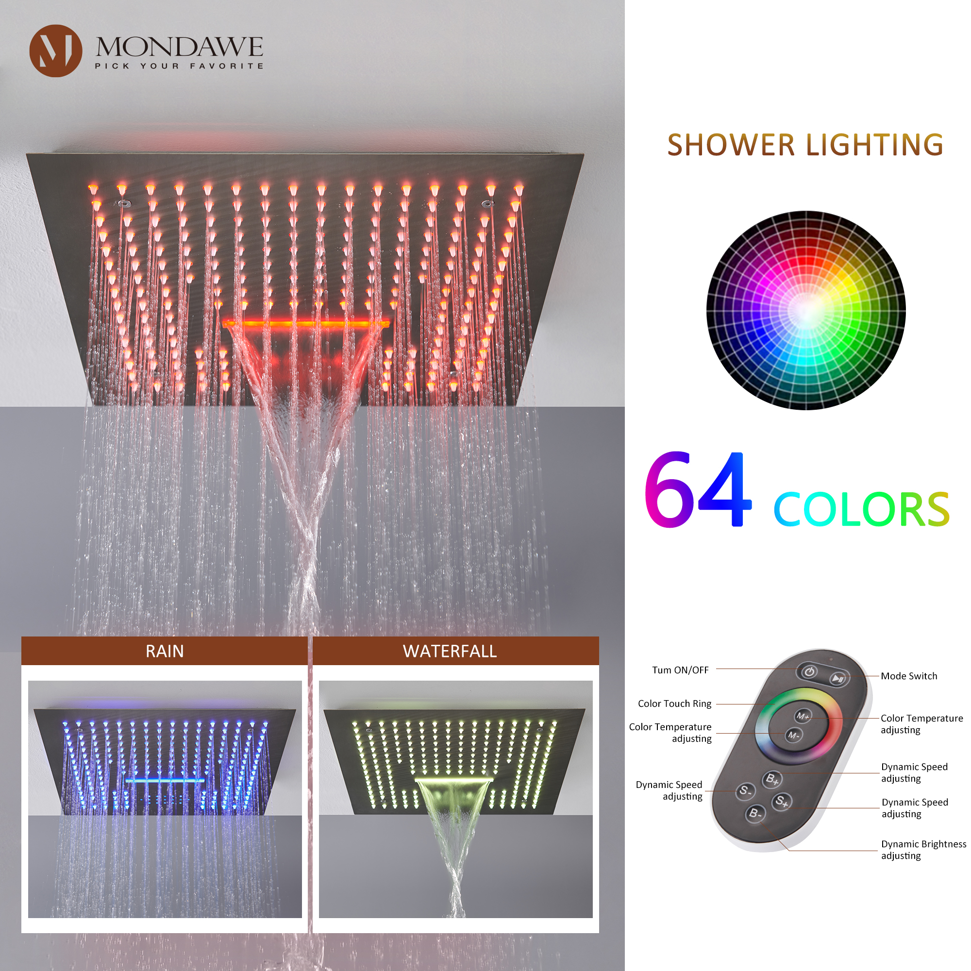 Mondawe 4-Way Shower System with LED and Music Player in Black/Nickel/Gold-Mondawe