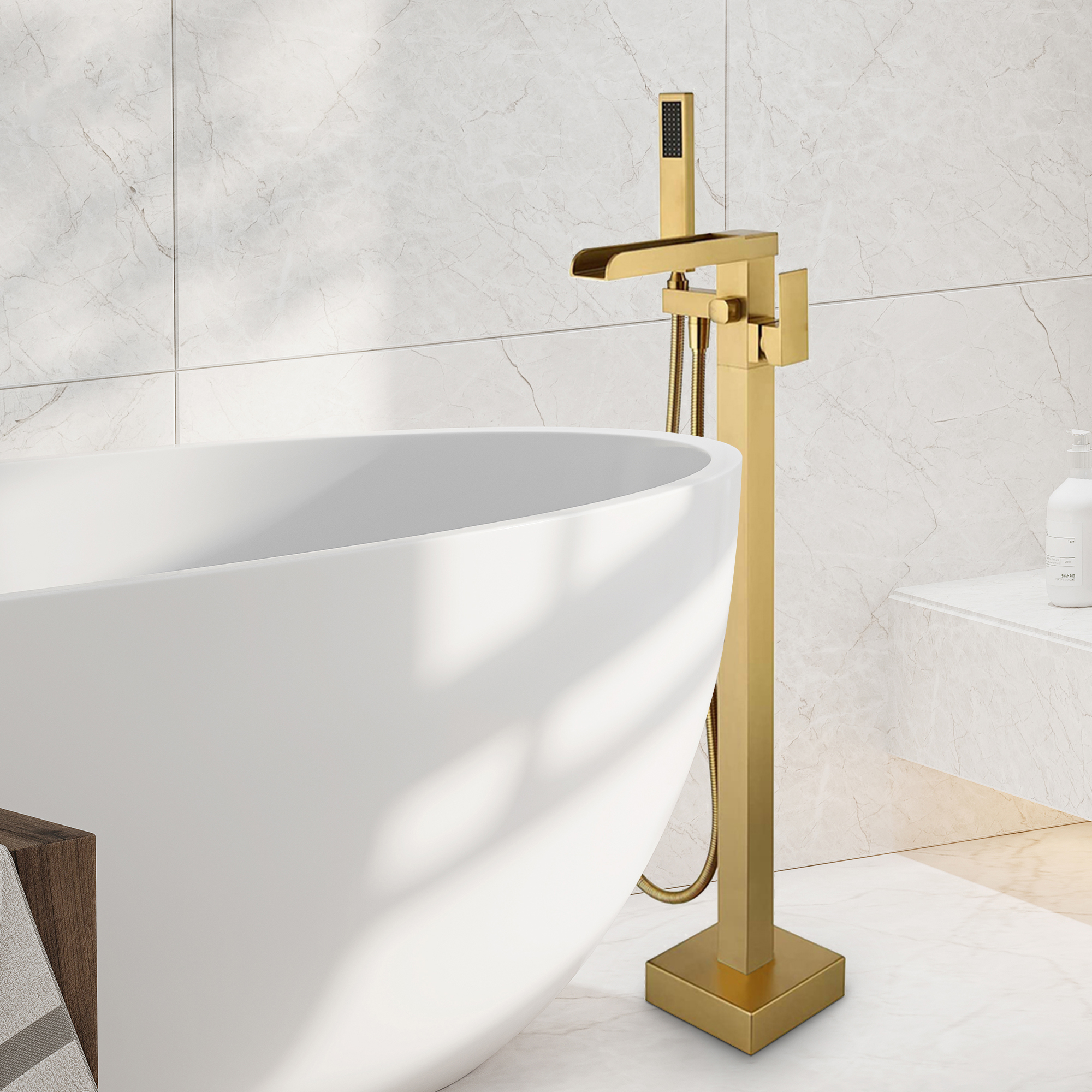 2.5 GPM Floor Mount Freestanding Waterfall Tub Faucet with Handheld Shower, Brushed Nickel/Matte Black/Brushed Gold