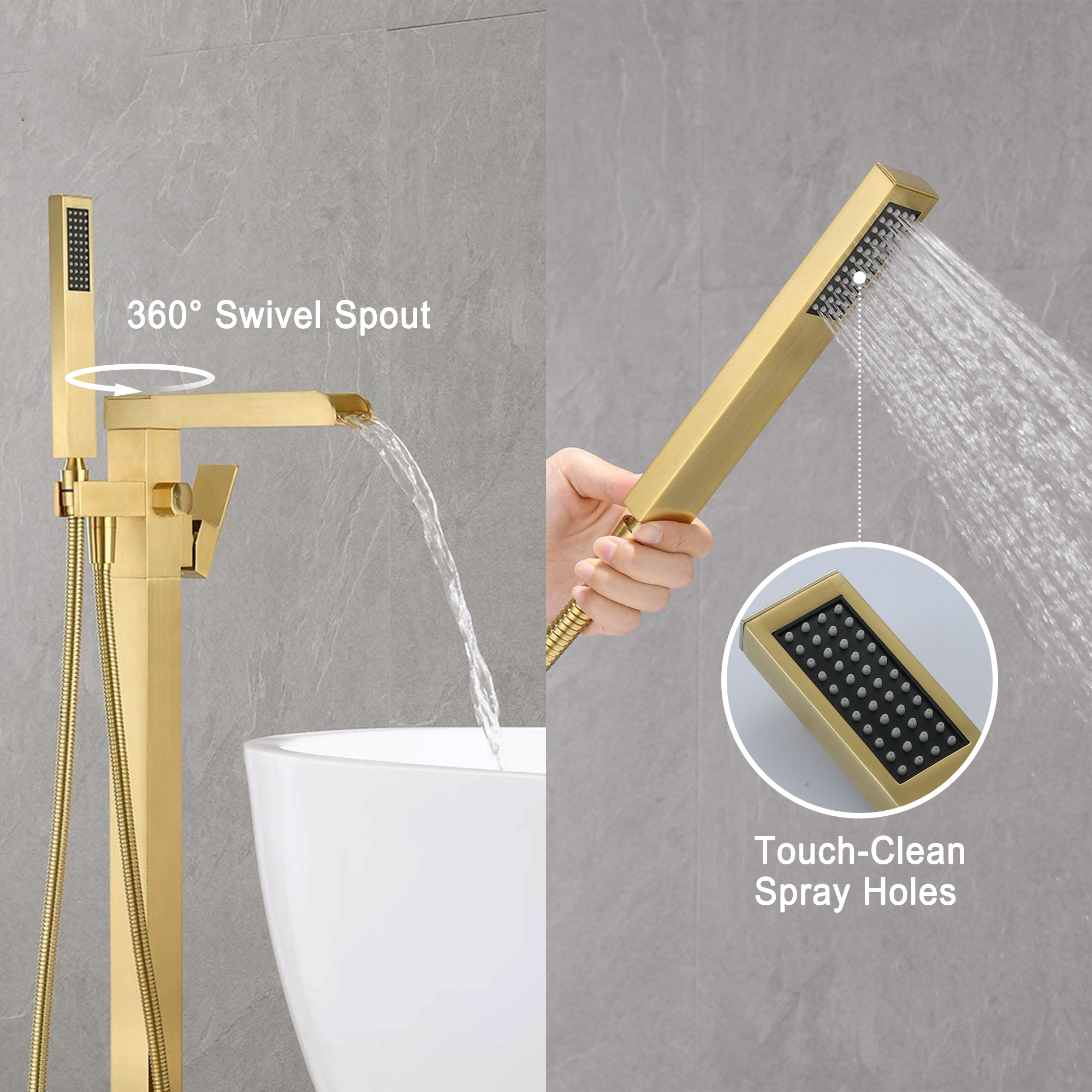 2.5 GPM Floor Mount Freestanding Waterfall Tub Faucet with Handheld Shower, Brushed Nickel/Matte Black/Brushed Gold