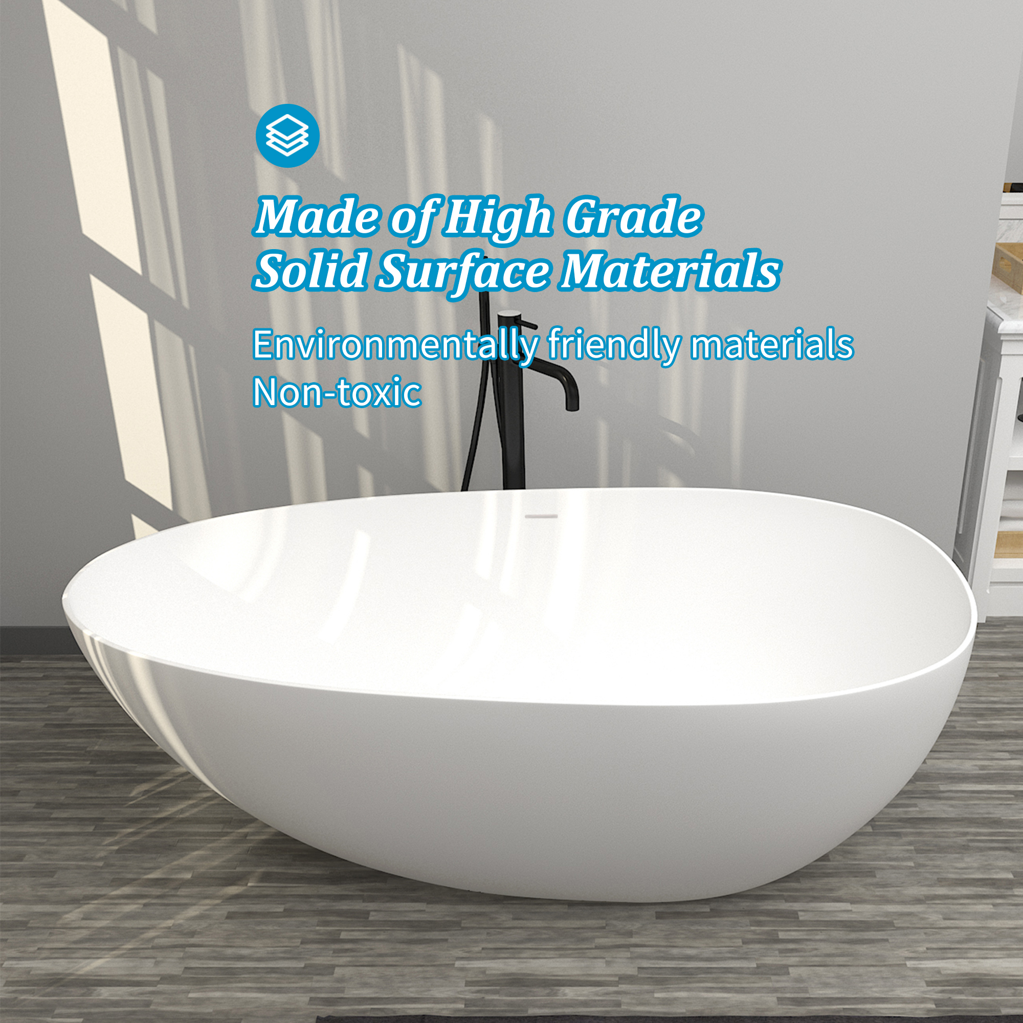 Boyel Living 67'' Resin Stone Freestanding Bathtub, Solid Surface Matte White Free Standing Tub, Egg Shape Stand Alone Soaking Tubs with Drain, Drain Hose & Sanding Paper