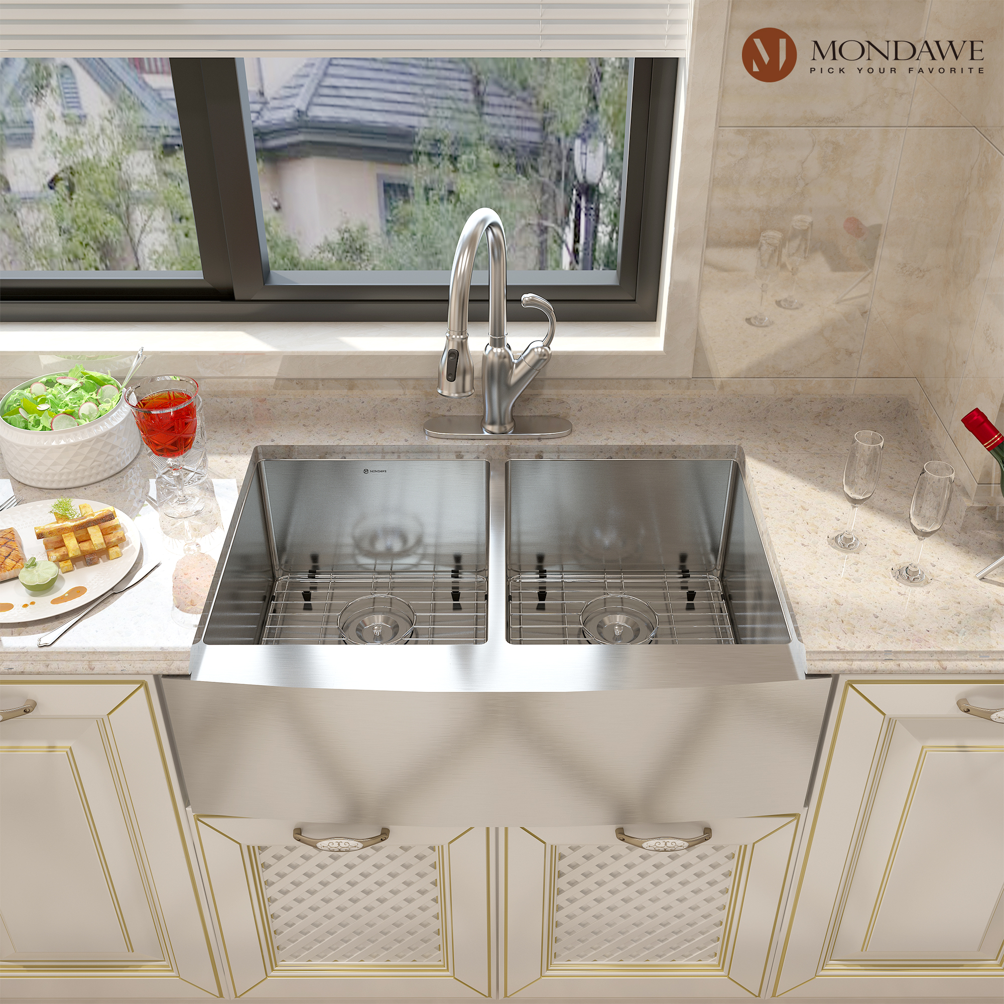 33 inch Farmhouse Apron Front 33-in x 22-in Brushed Stainless Steel Double Bowl Kitchen Sink-Mondawe
