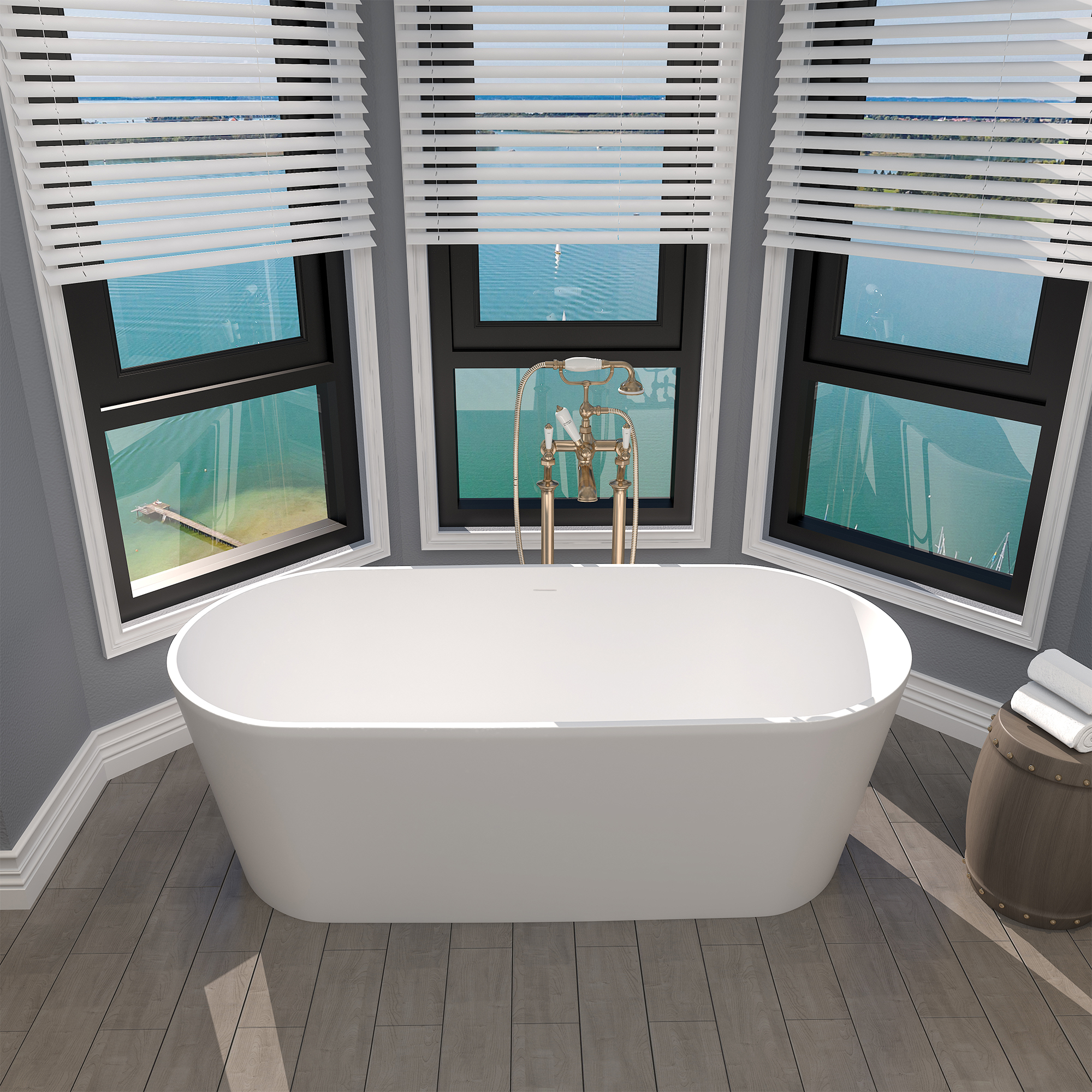 63" Matte White Faux Stone Freestanding Soaking Tub with Drain , Eco-friendly materials, hand-polished, freestanding soaking tub