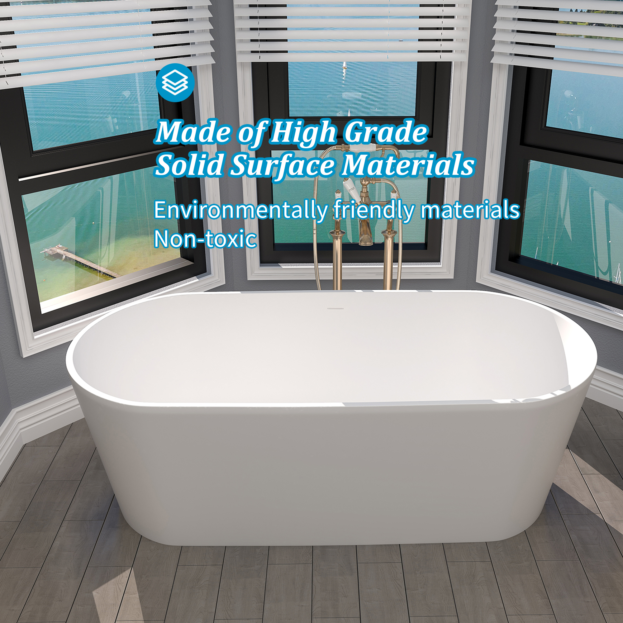 63" Matte White Faux Stone Freestanding Soaking Tub with Drain , Eco-friendly materials, hand-polished, freestanding soaking tub