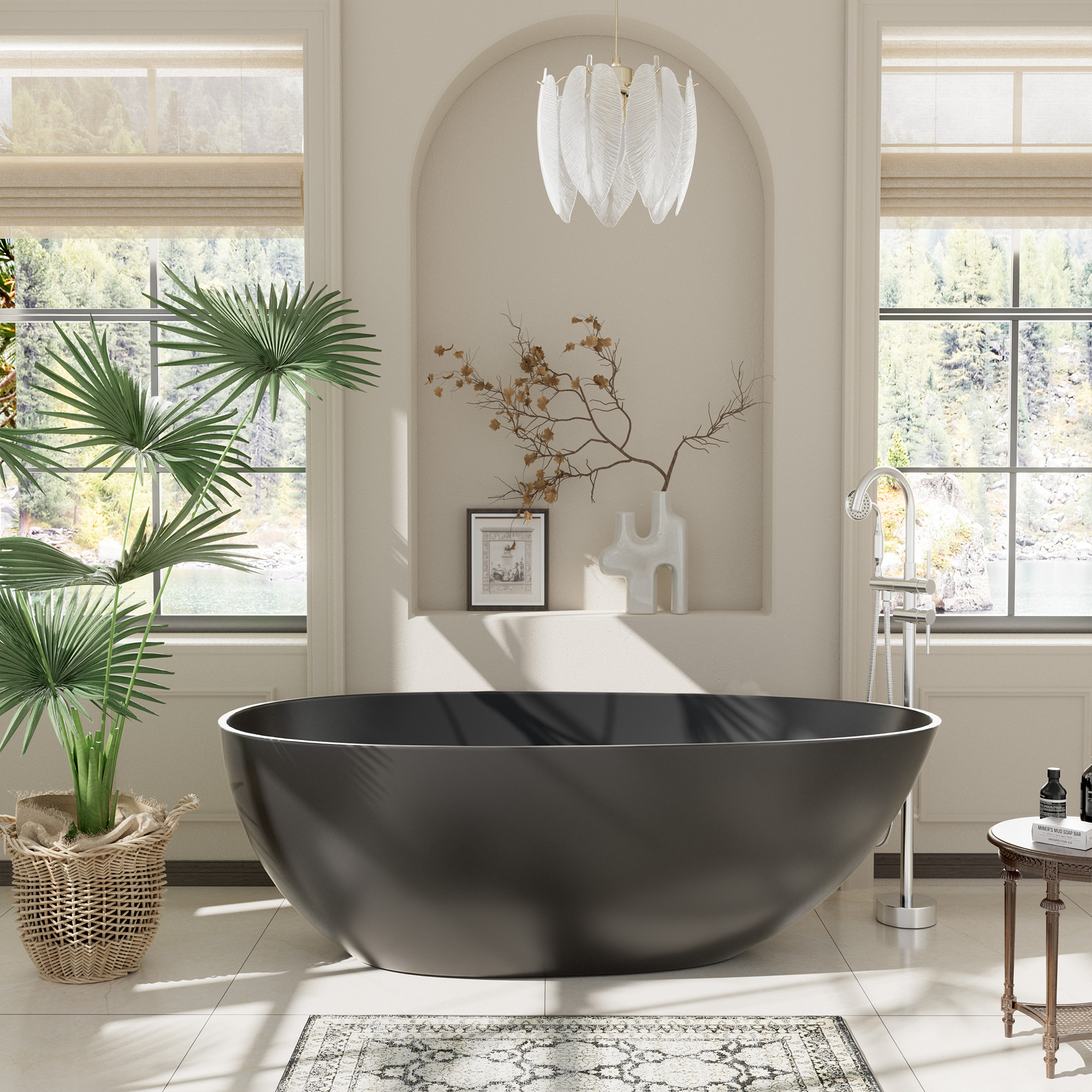 Luxury 59" Solid Surface White Freestanding Soaking Bathtub with Drain