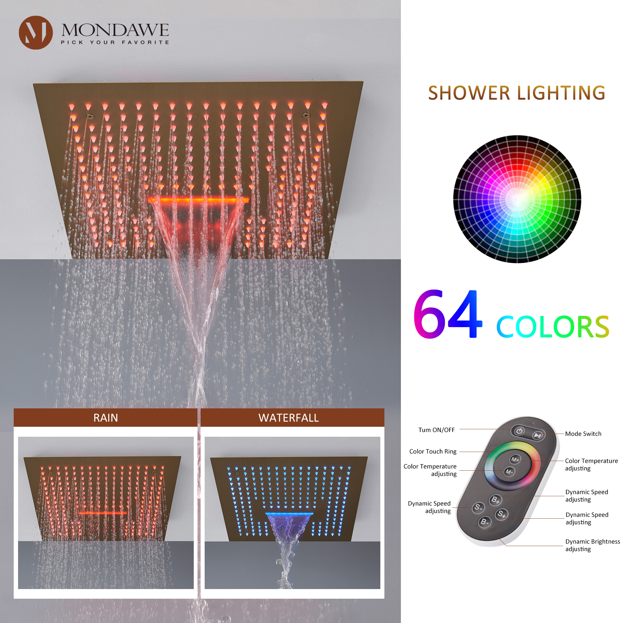 Mondawe 4-Way Shower System with LED and Music Player in Black/Nickel/Gold-Mondawe