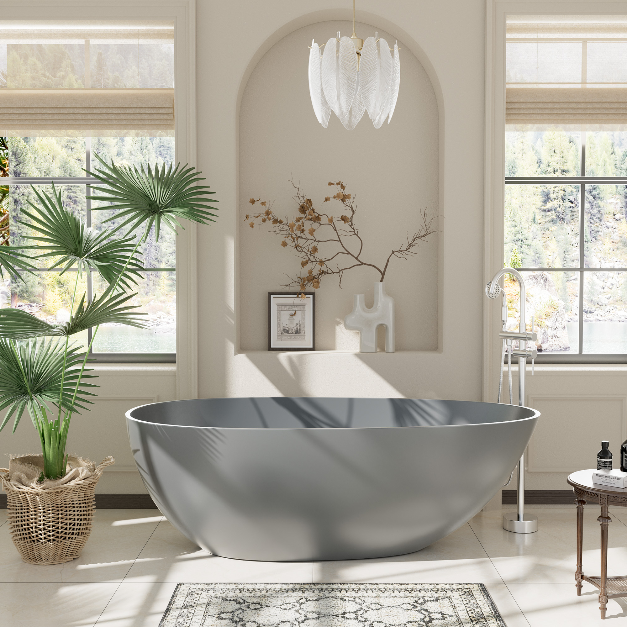 Luxury 59" Solid Surface White Freestanding Soaking Bathtub with Drain