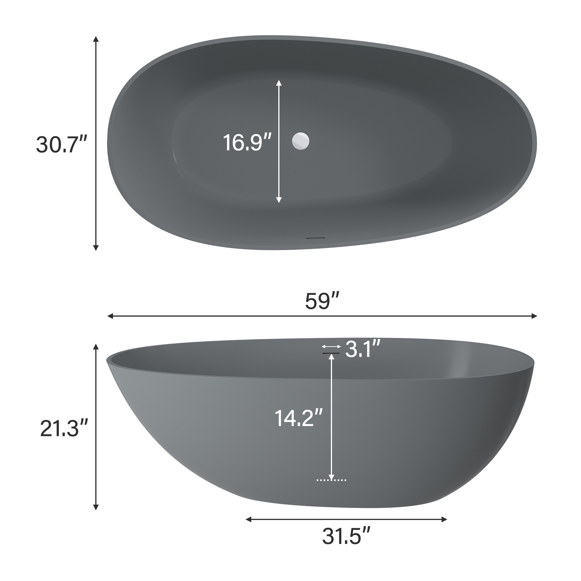Luxury 59" Solid Surface White Freestanding Soaking Bathtub with Drain