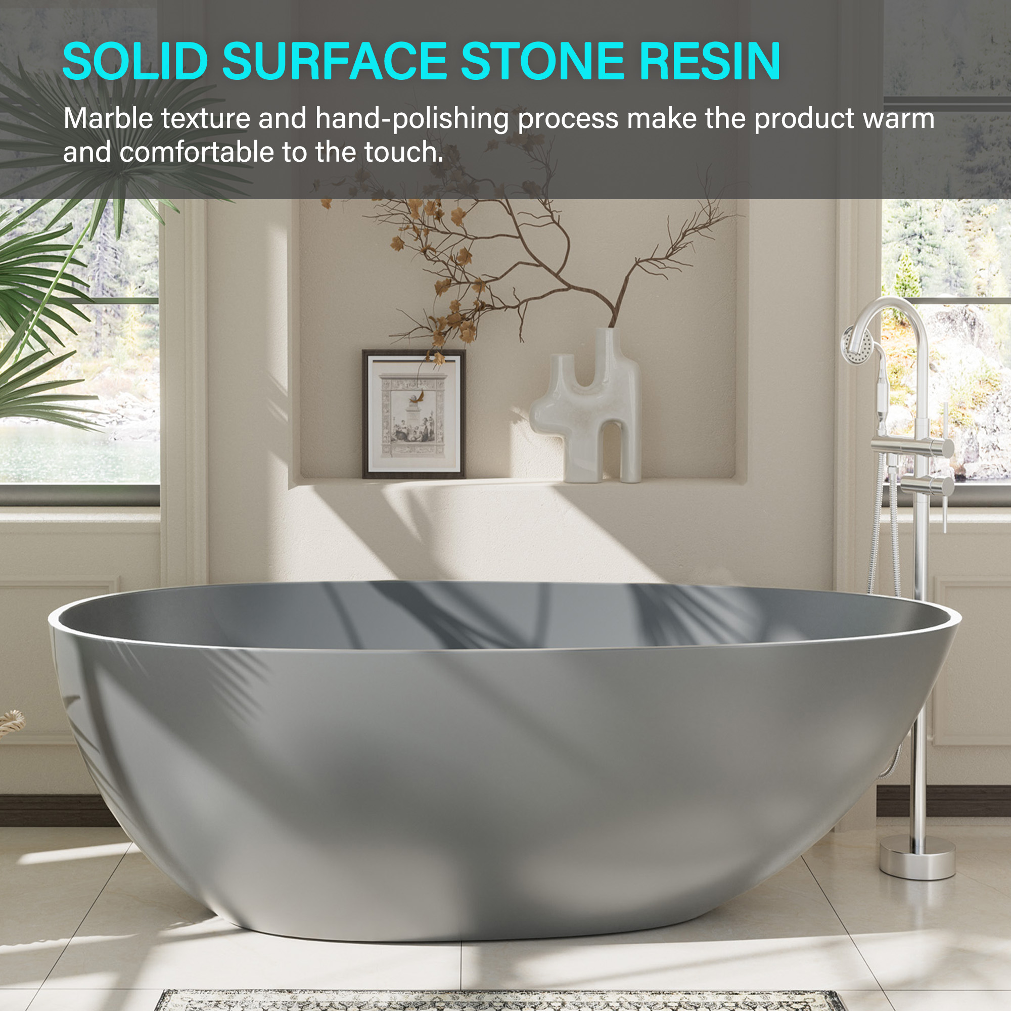 Luxury 59" Solid Surface White Freestanding Soaking Bathtub with Drain