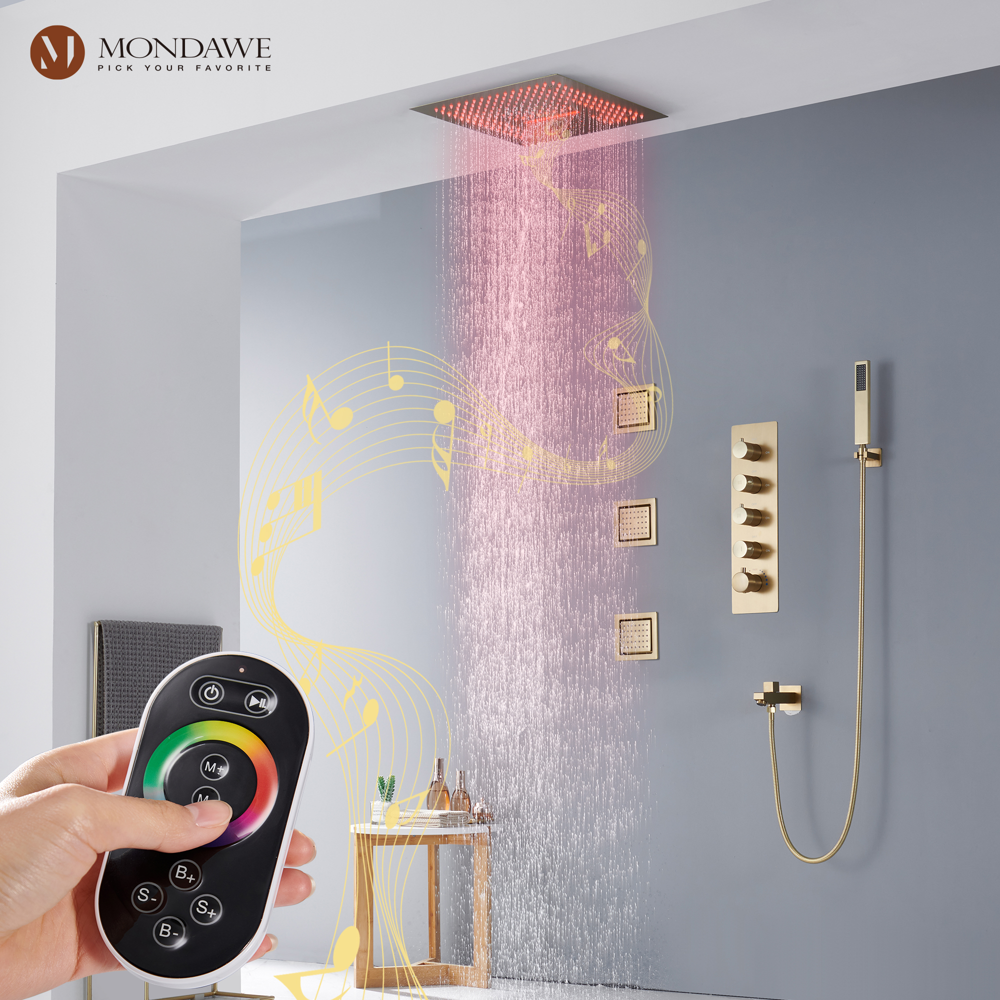 Mondawe 4-Way Shower System with LED and Music Player in Black/Nickel/Gold-Mondawe