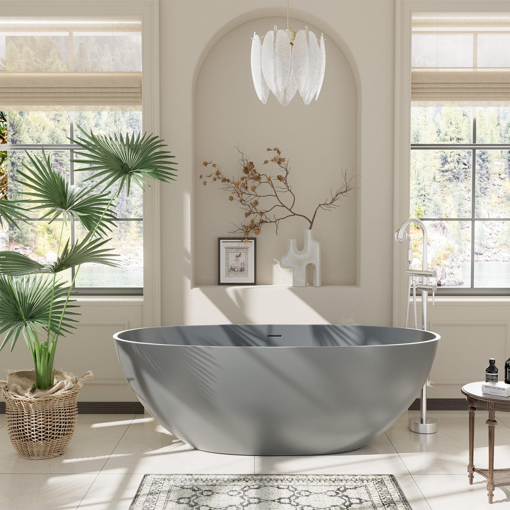 65" Solid Surface Oval Soaking Bathtub with Drain