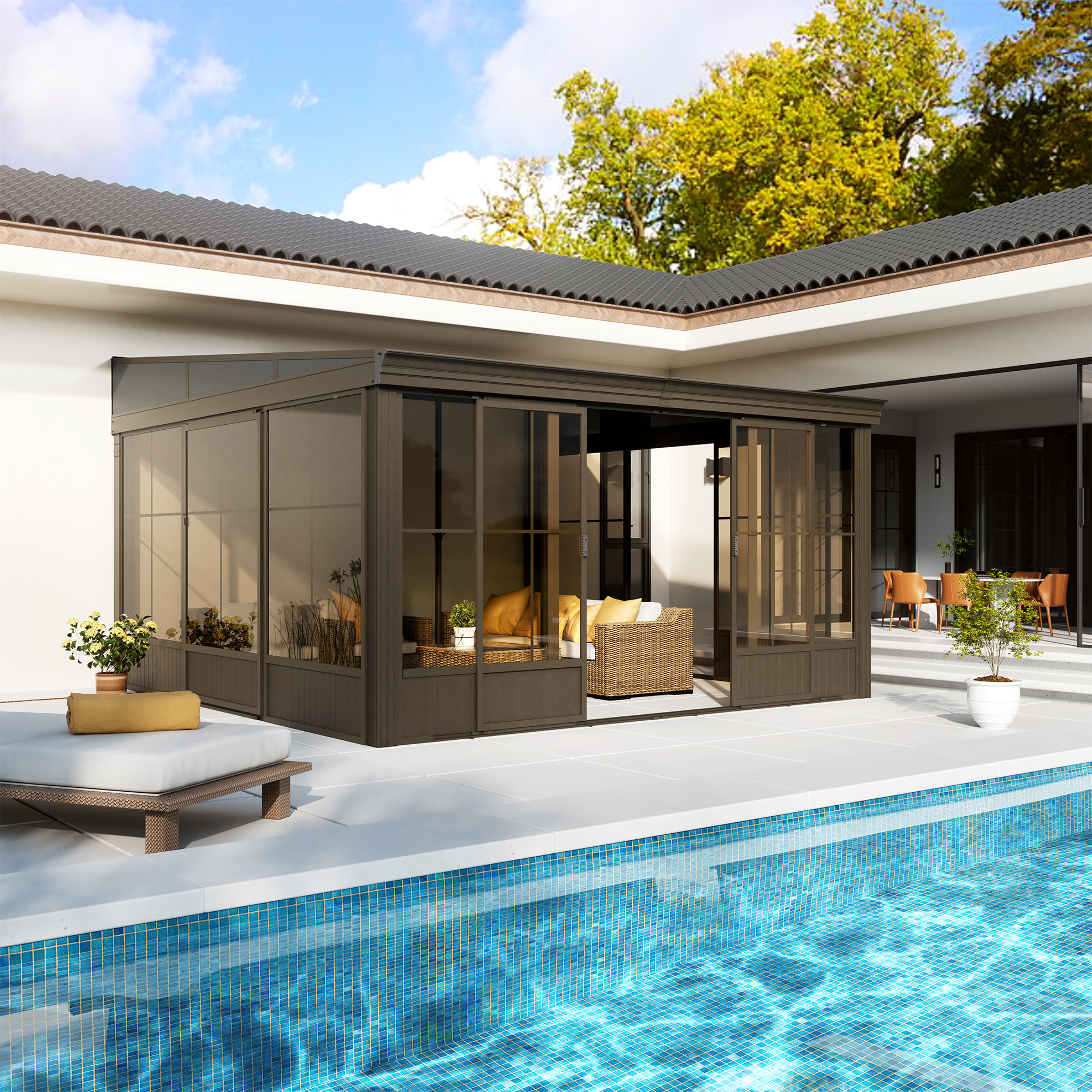 12 ft. x 14 ft. Wall Mounted Gazebo, All-Season Patio Gazebo Sunroom with Side Door, Outdoor Permanent Sunroom