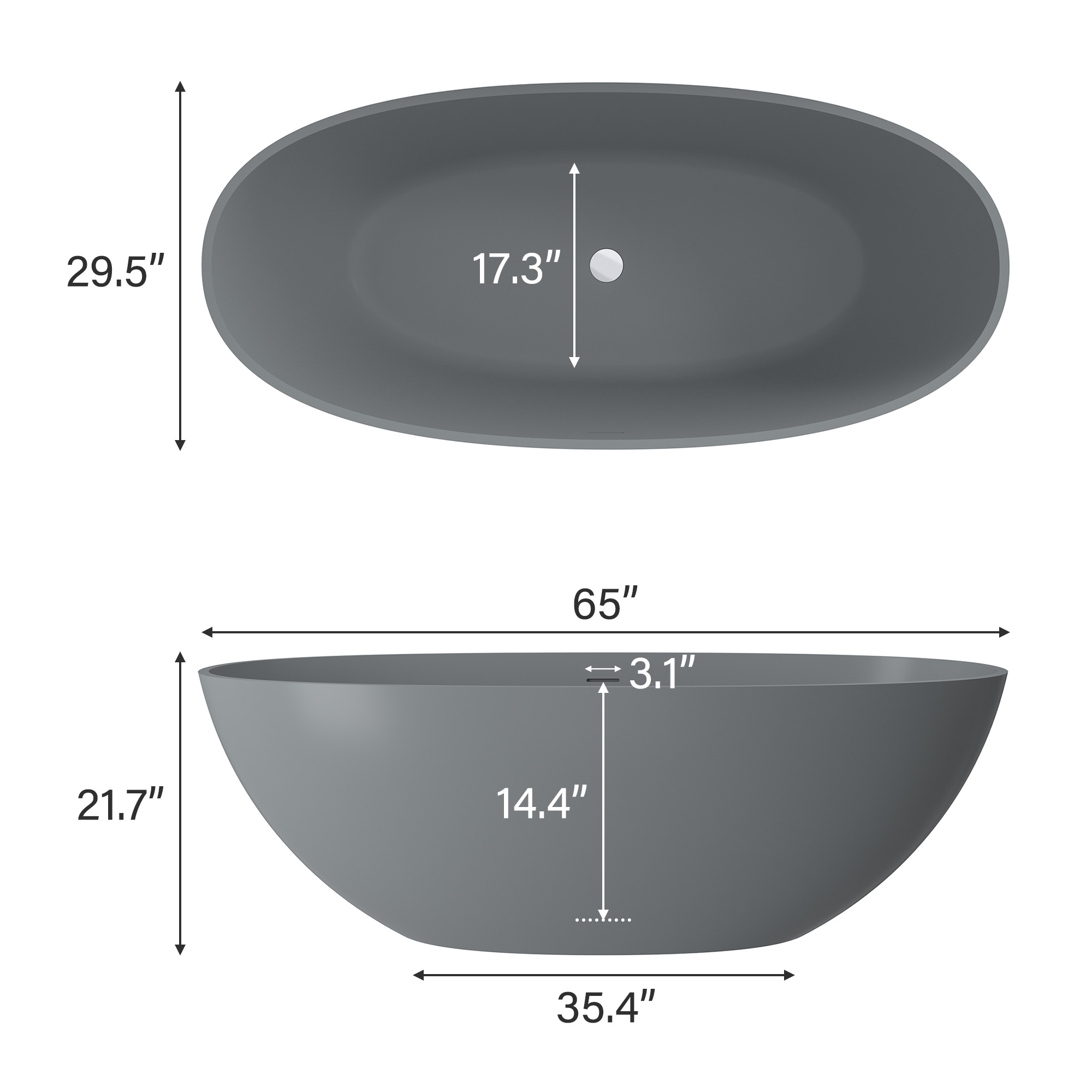 65" Solid Surface Oval Soaking Bathtub with Drain