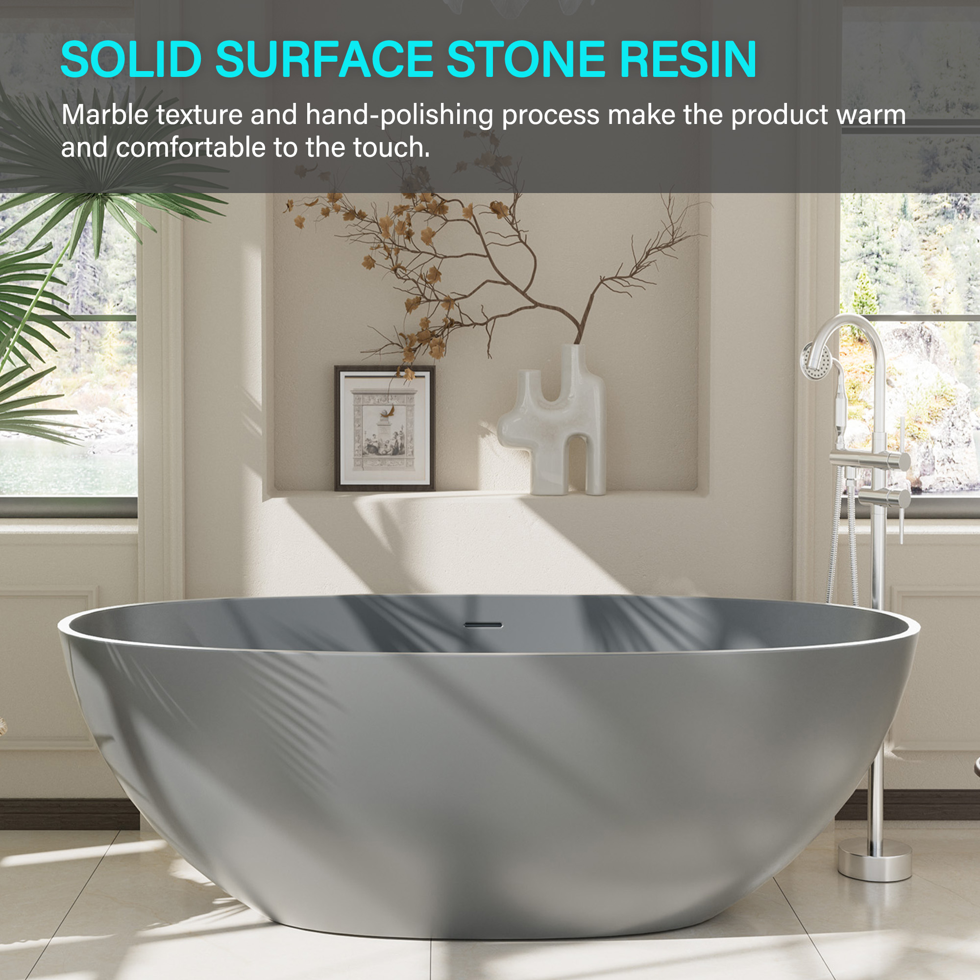 65" Solid Surface Oval Soaking Bathtub with Drain