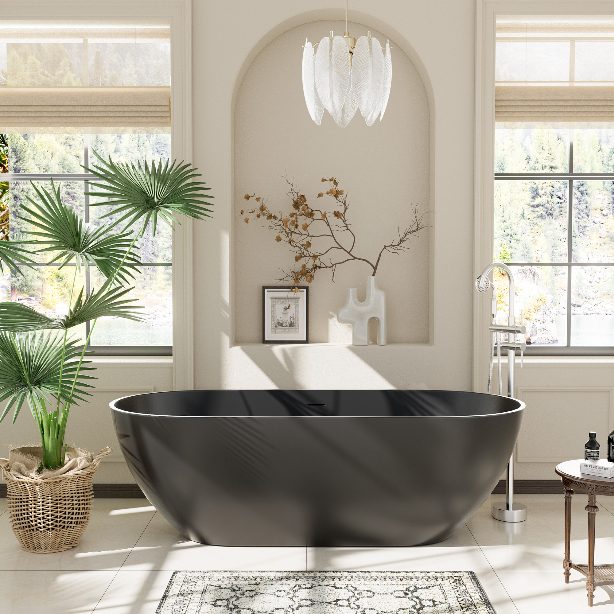 Oval Freestanding Bathtub in Matte Black with Drain