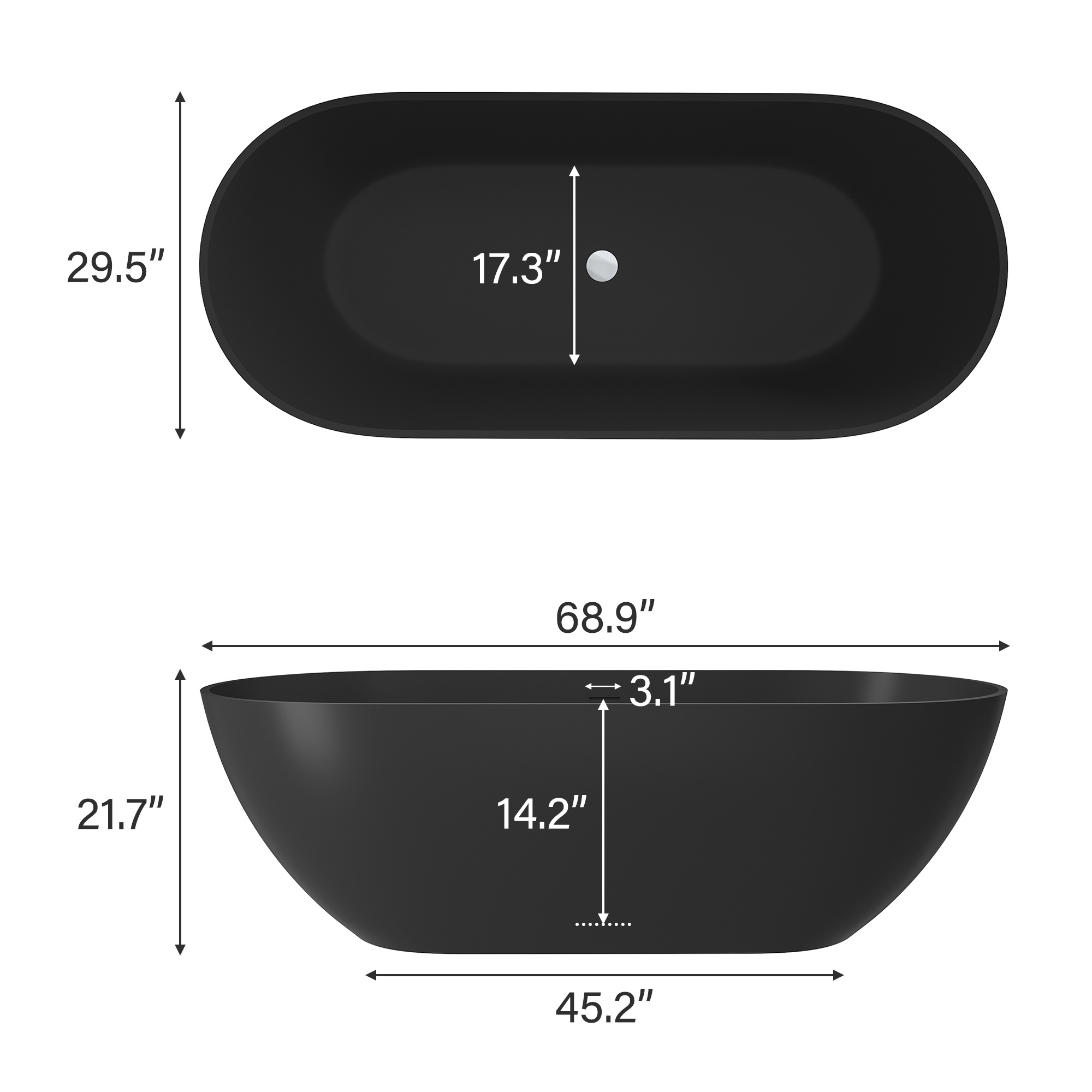 Oval Freestanding Bathtub in Matte Black with Drain