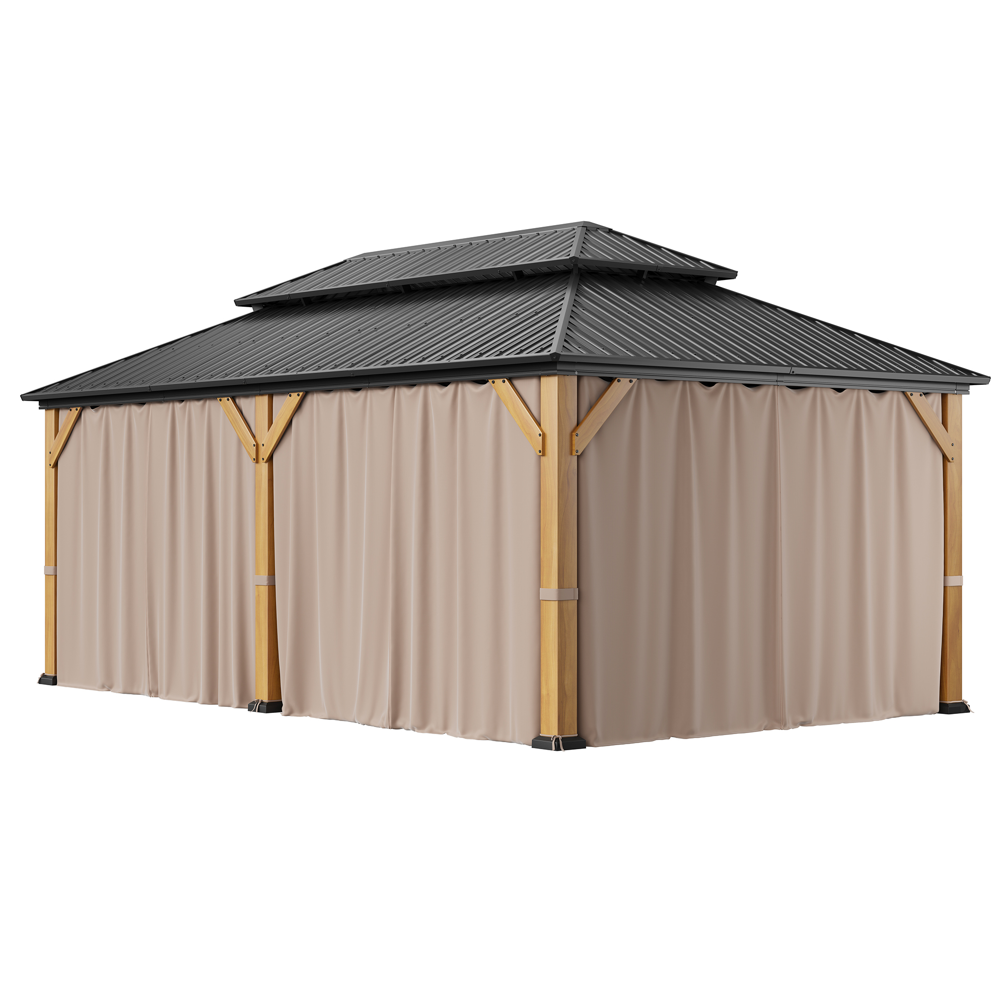 Outdoor Cedar Wood Frame Canopy with Galvanized Steel Double Roof, Outdoor Permanent Metal Pavilion with Curtains and Netting for Patio, Backyard and Lawn