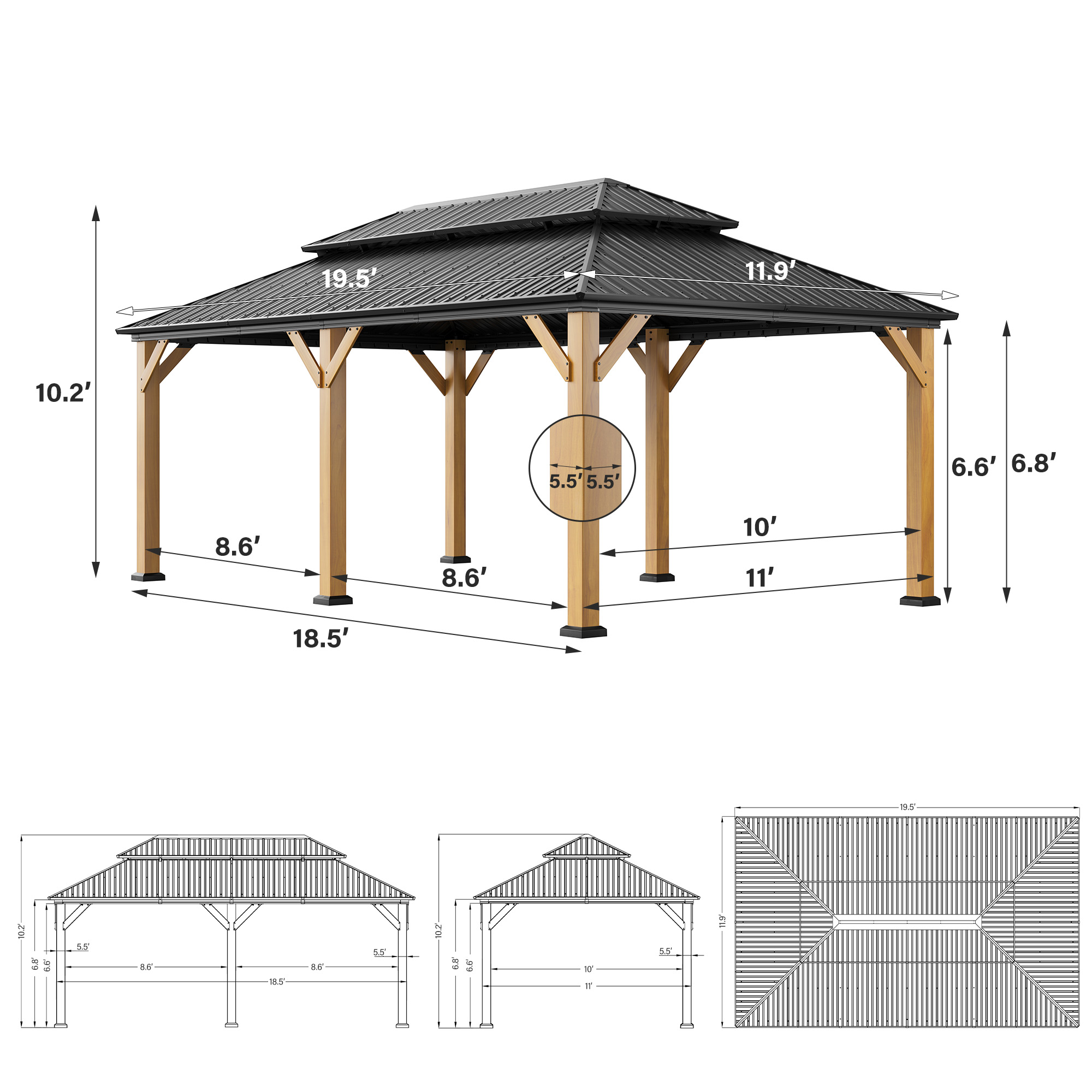 Outdoor Cedar Wood Frame Canopy with Galvanized Steel Double Roof, Outdoor Permanent Metal Pavilion with Curtains and Netting for Patio, Backyard and Lawn