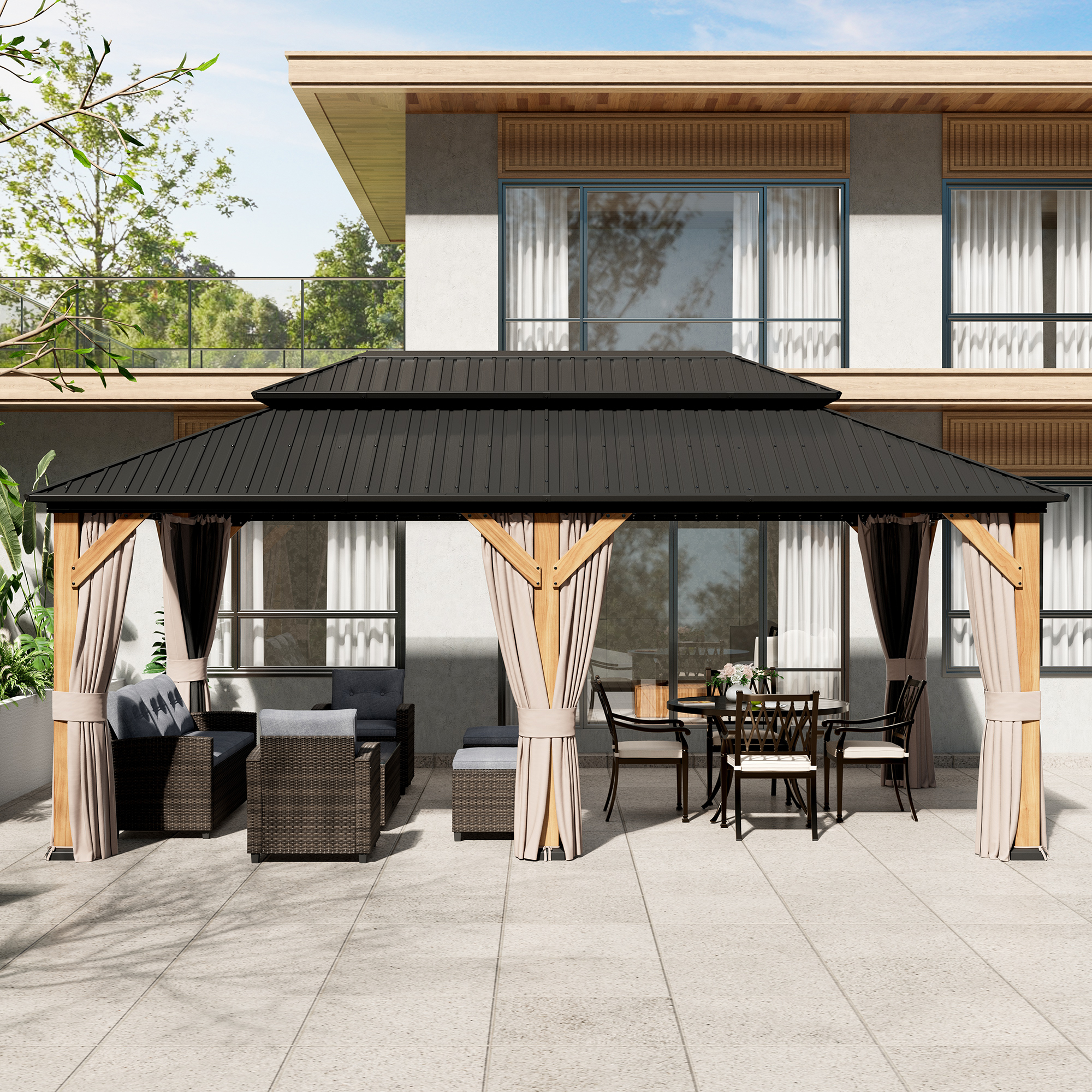 Outdoor Cedar Wood Frame Canopy with Galvanized Steel Double Roof, Outdoor Permanent Metal Pavilion with Curtains and Netting for Patio, Backyard and Lawn