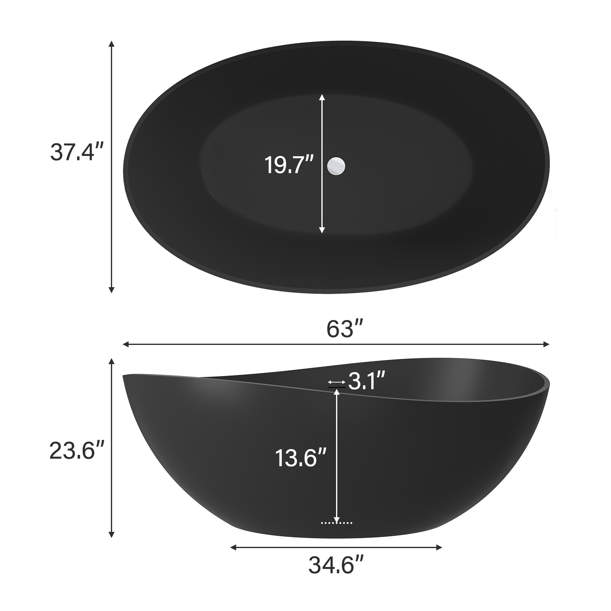 63" Free Standing Tub, Matte White Stone Resin Freestanding Bathtub Solid Surface Soaking Tub with Drain, Drain Hose & Sanding Paper