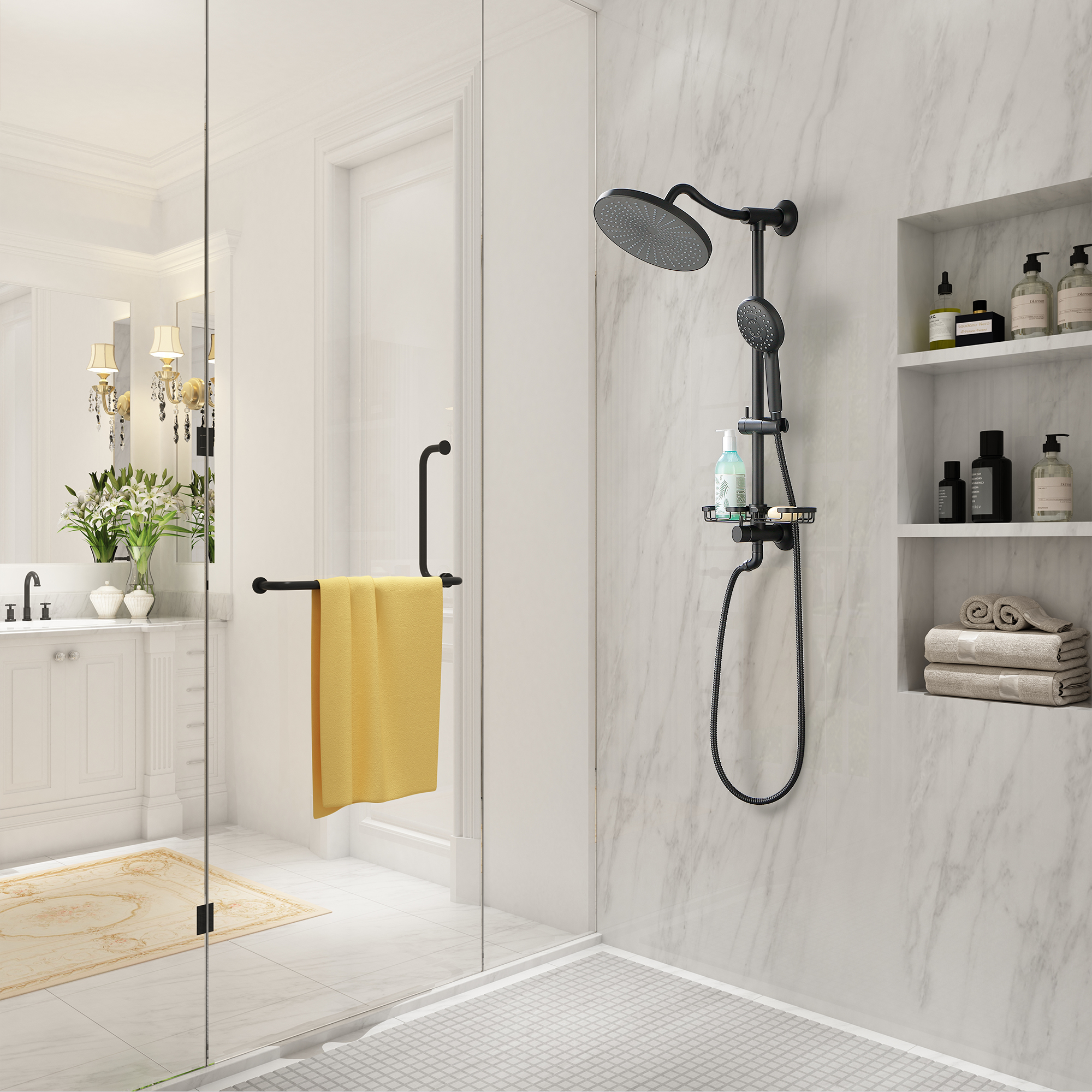 Mondawe ShowerSpas Shower System, with 10" Rain Showerhead, 4-Function Hand Shower, Adjustable Slide Bar and Soap Dish, Matte Black Finish-Mondawe