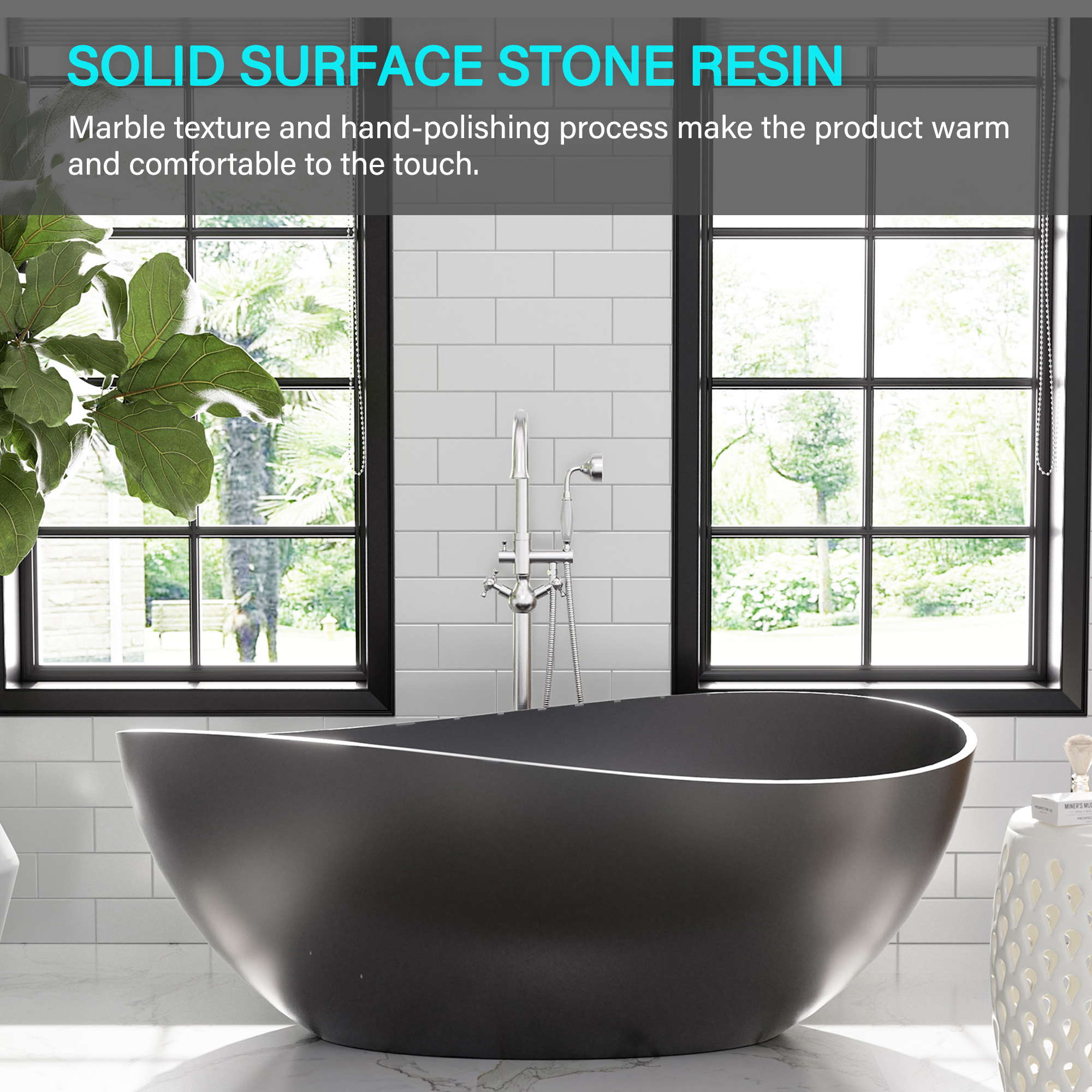 63" Free Standing Tub, Matte White Stone Resin Freestanding Bathtub Solid Surface Soaking Tub with Drain, Drain Hose & Sanding Paper