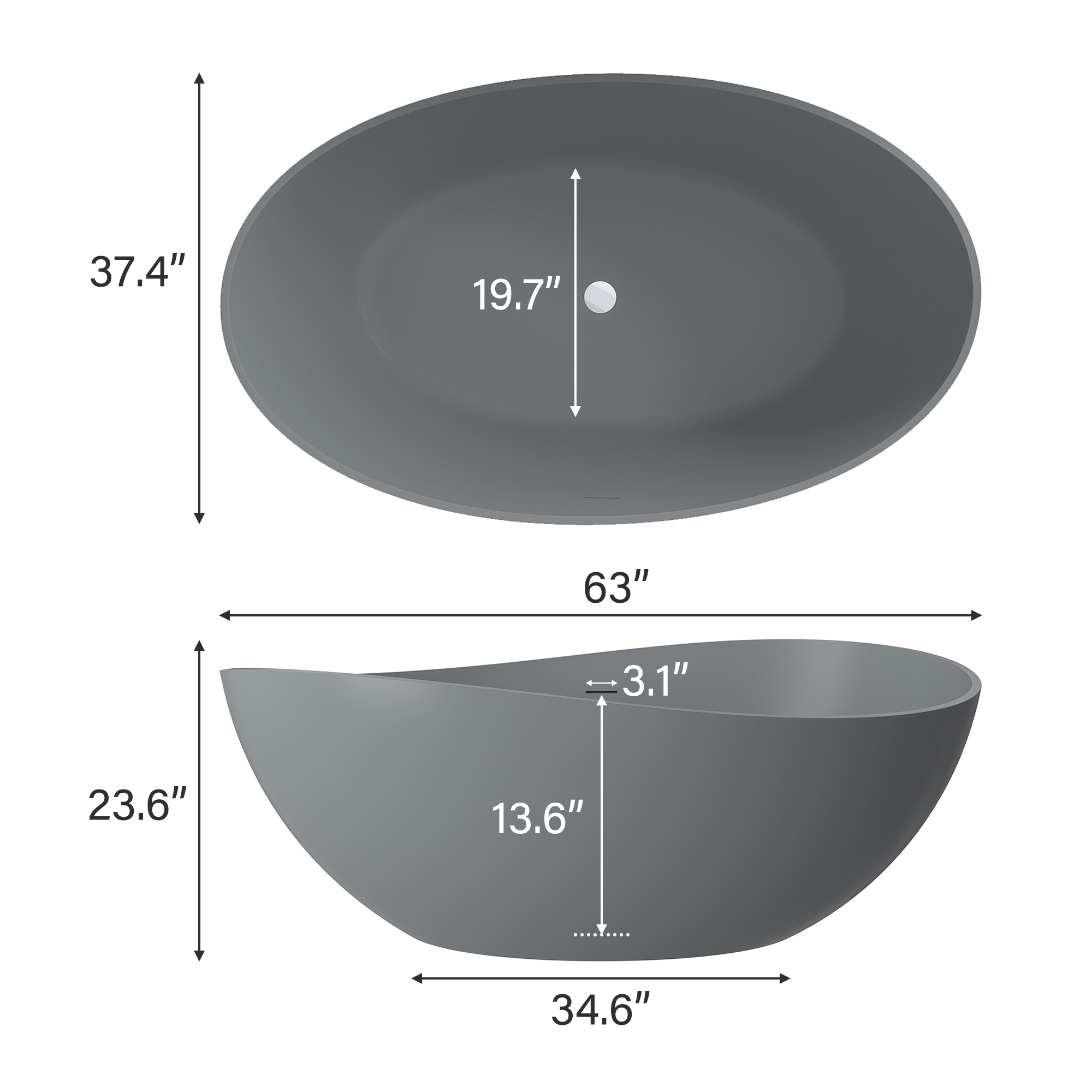 63" Free Standing Tub, Matte White Stone Resin Freestanding Bathtub Solid Surface Soaking Tub with Drain, Drain Hose & Sanding Paper