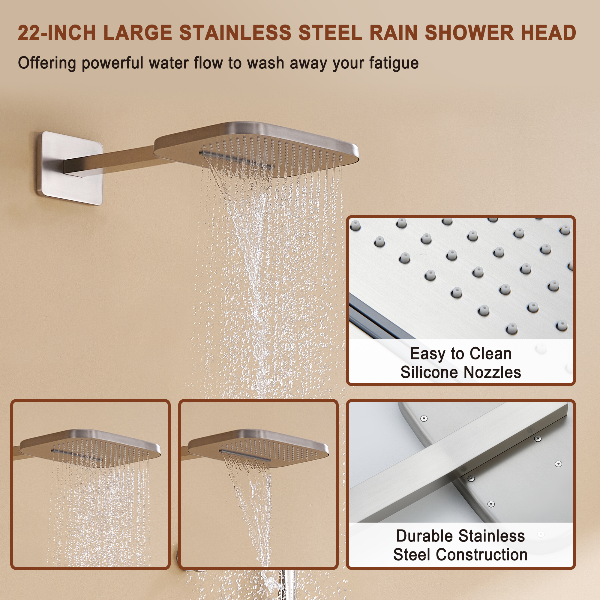 Mondawe Pressure Balanced 4-Spray Patterns 22 in. Wall Mounted Rainfall Dual Shower Heads-Mondawe