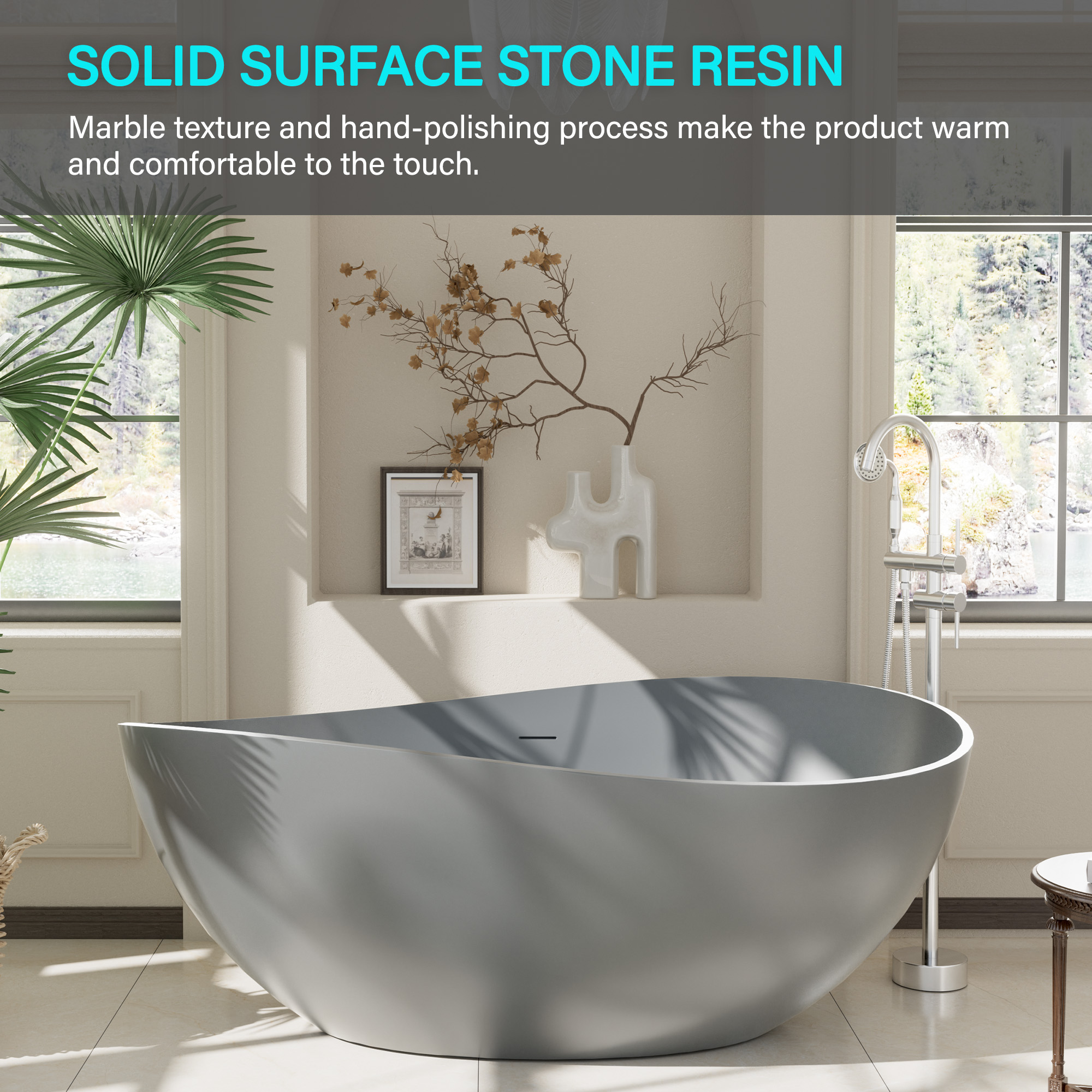 63" Free Standing Tub, Matte White Stone Resin Freestanding Bathtub Solid Surface Soaking Tub with Drain, Drain Hose & Sanding Paper