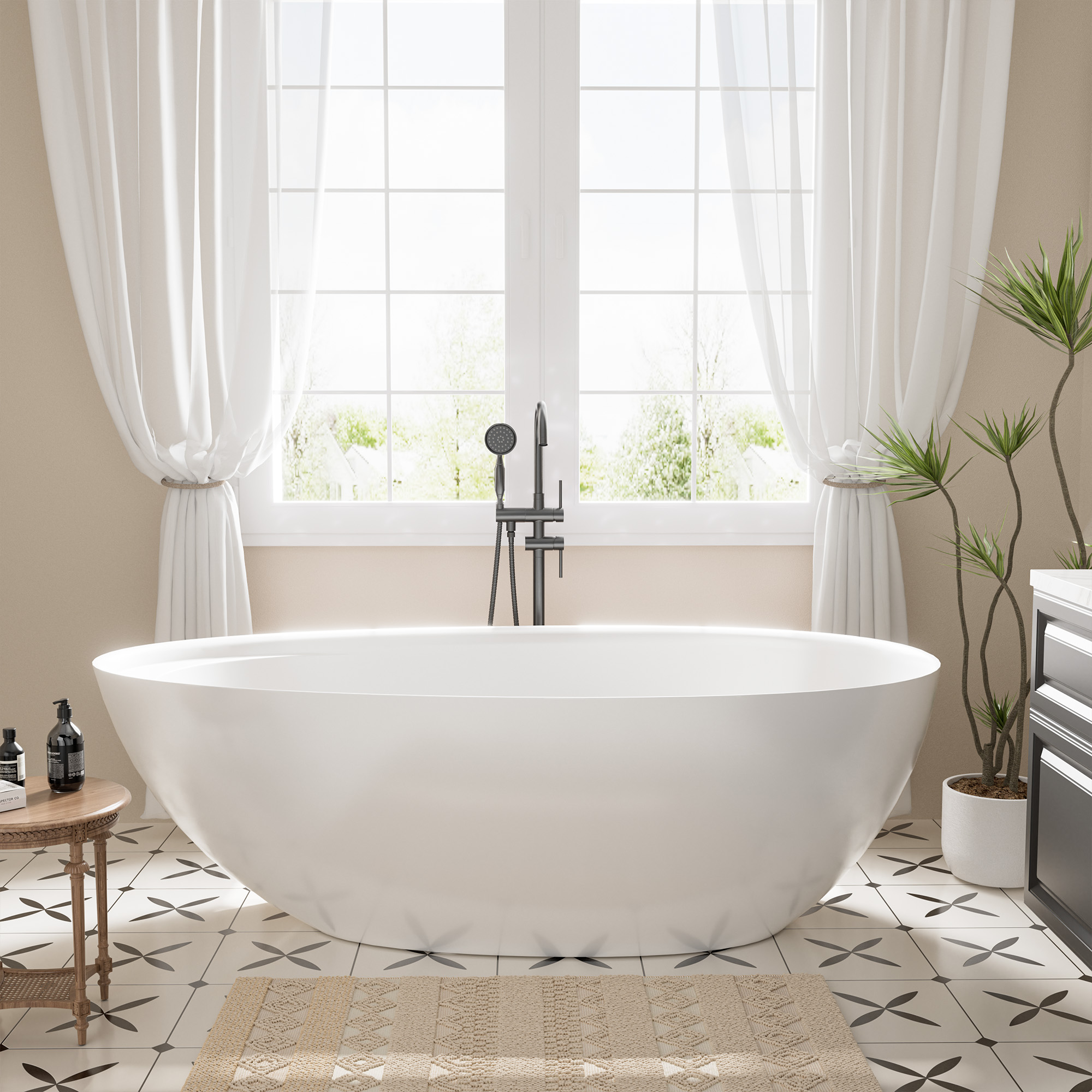 Boyel living 67" Free Standing Tub, Stone Resin Freestanding Tub Large Space Solid Surface Matte White Soaking Tub with Drain, Drain Hose & Sanding Paper