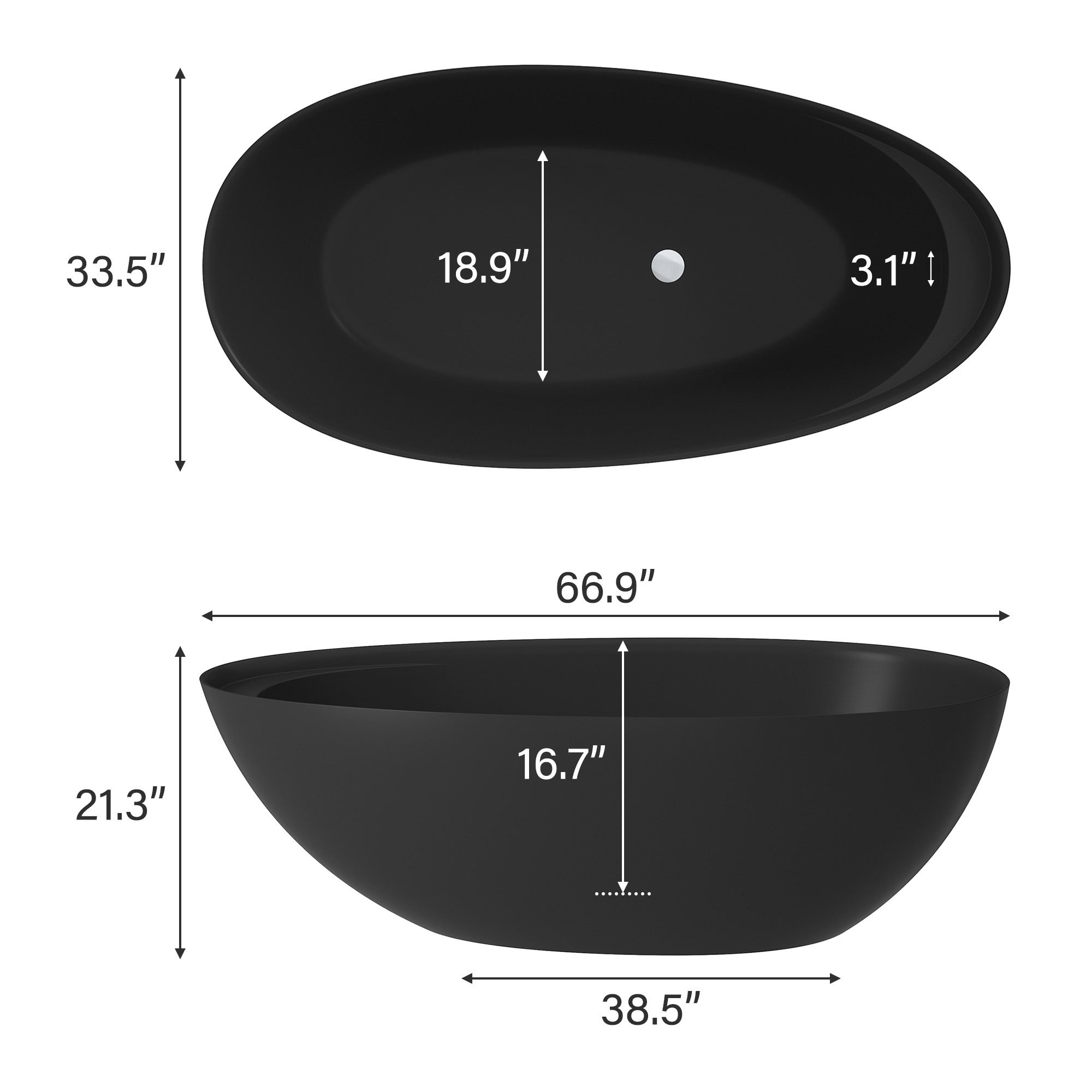 Boyel living 67" Free Standing Tub, Stone Resin Freestanding Tub Large Space Solid Surface Matte White Soaking Tub with Drain, Drain Hose & Sanding Paper