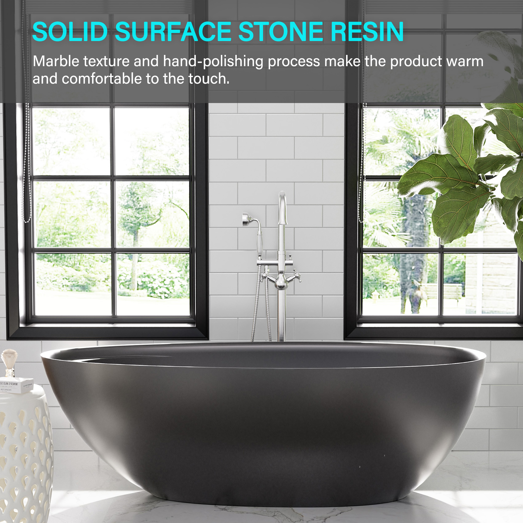 Boyel living 67" Free Standing Tub, Stone Resin Freestanding Tub Large Space Solid Surface Matte White Soaking Tub with Drain, Drain Hose & Sanding Paper