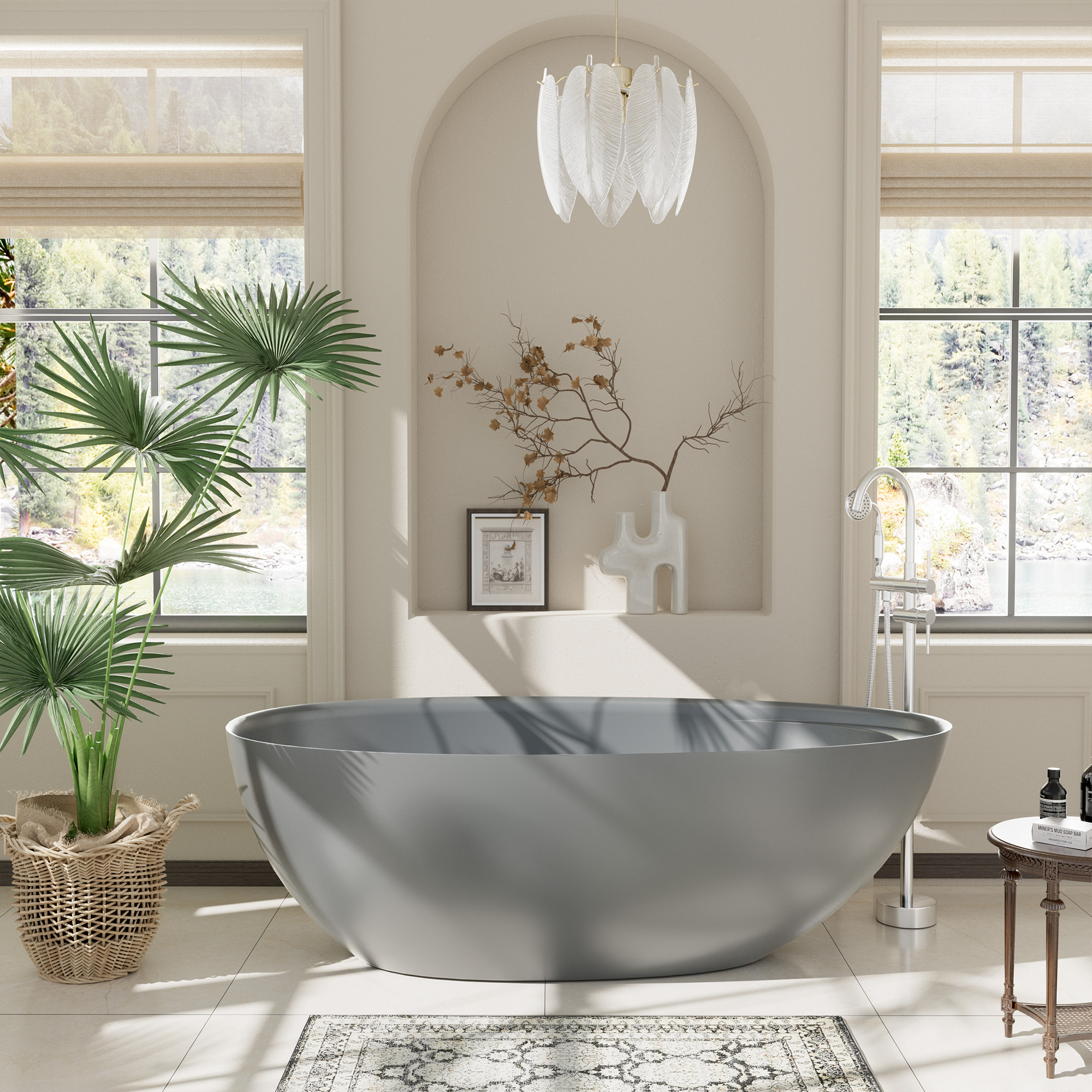 Boyel living 67" Free Standing Tub, Stone Resin Freestanding Tub Large Space Solid Surface Matte White Soaking Tub with Drain, Drain Hose & Sanding Paper