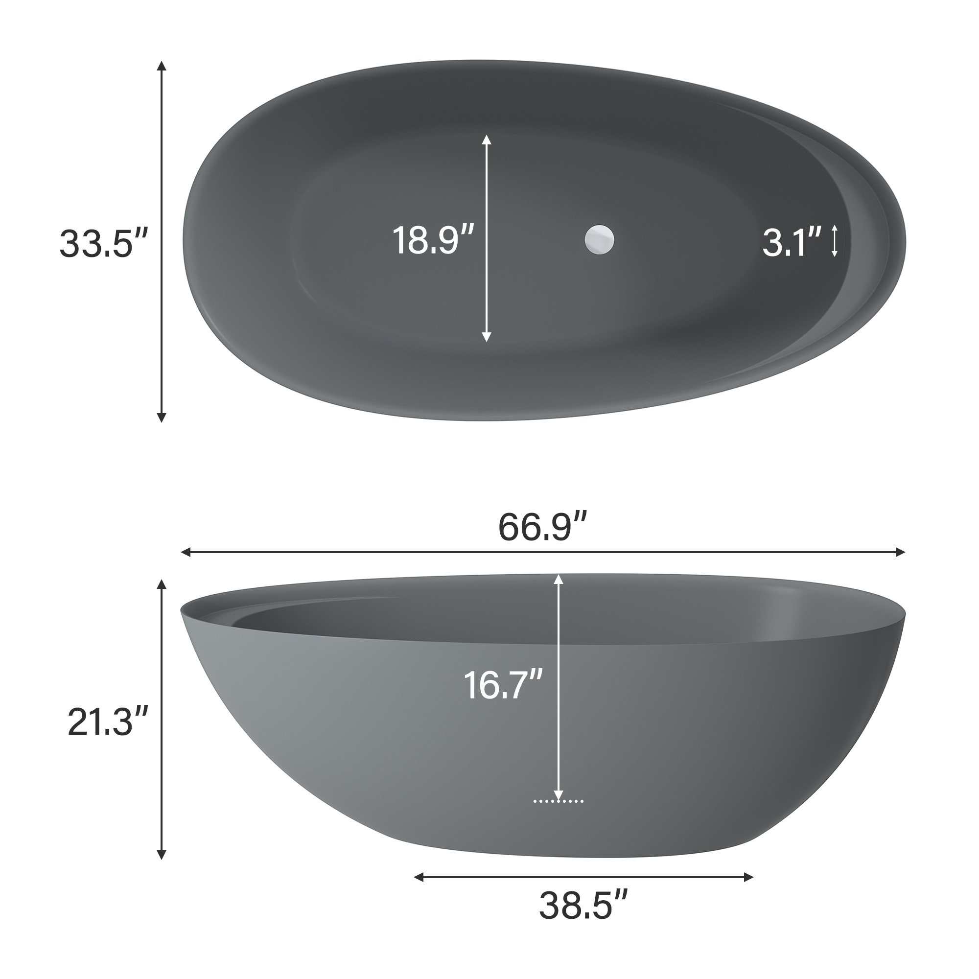 Boyel living 67" Free Standing Tub, Stone Resin Freestanding Tub Large Space Solid Surface Matte White Soaking Tub with Drain, Drain Hose & Sanding Paper