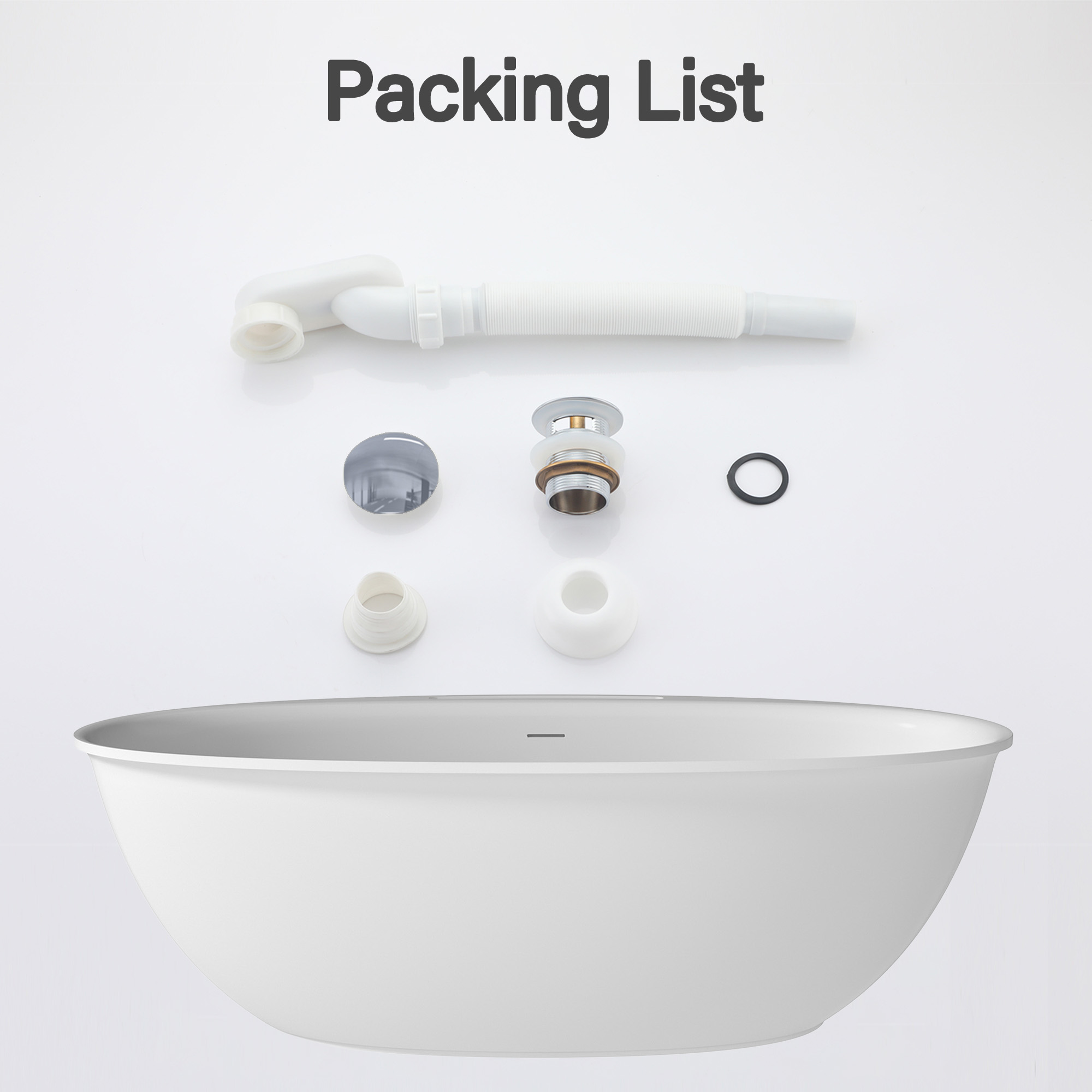 63" Free Standing Tub Stone Resin Freestanding Bathtub Matte White Solid Surface Soaking Tub with Drain, Drain Hose & Sanding Paper