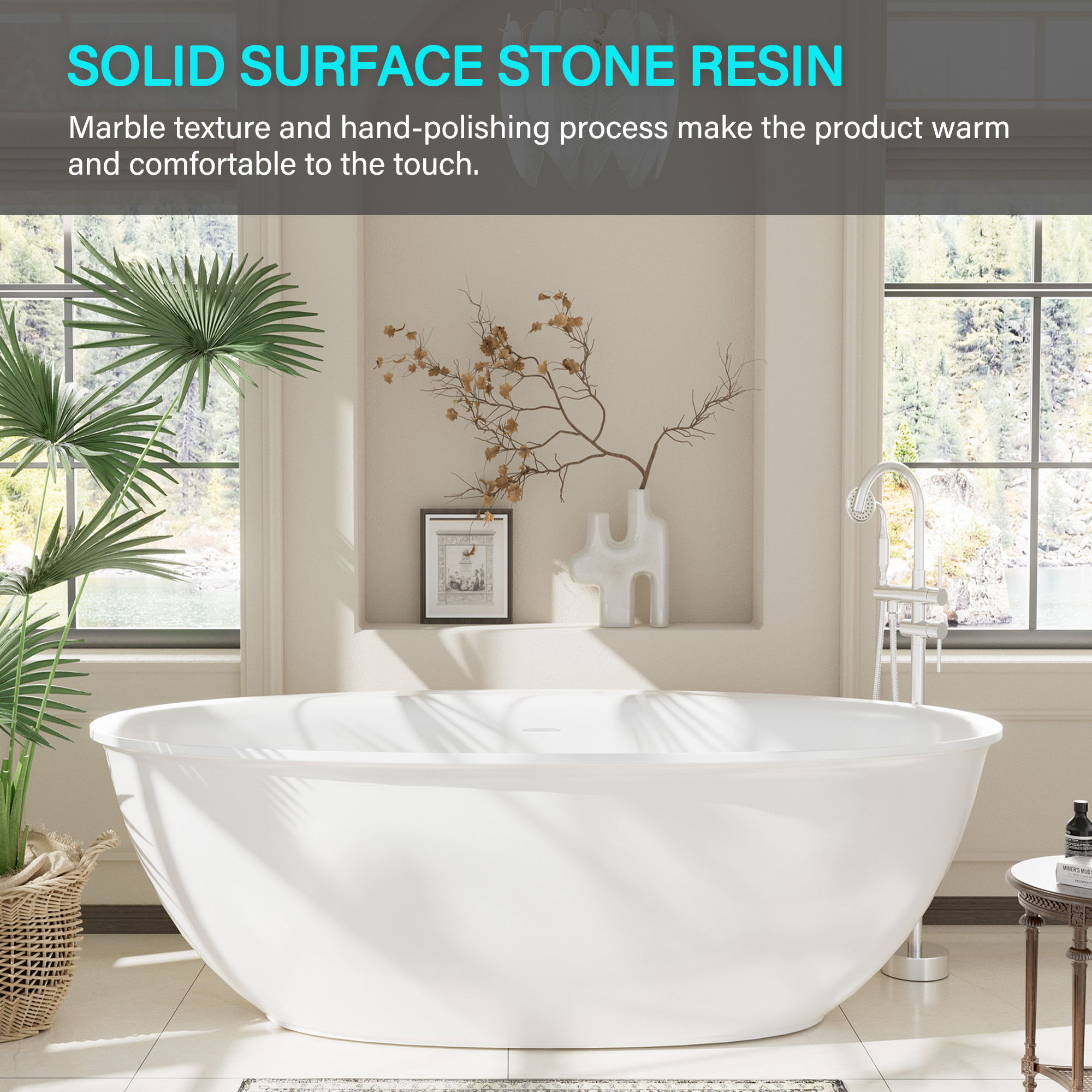 63" Free Standing Tub Stone Resin Freestanding Bathtub Matte White Solid Surface Soaking Tub with Drain, Drain Hose & Sanding Paper