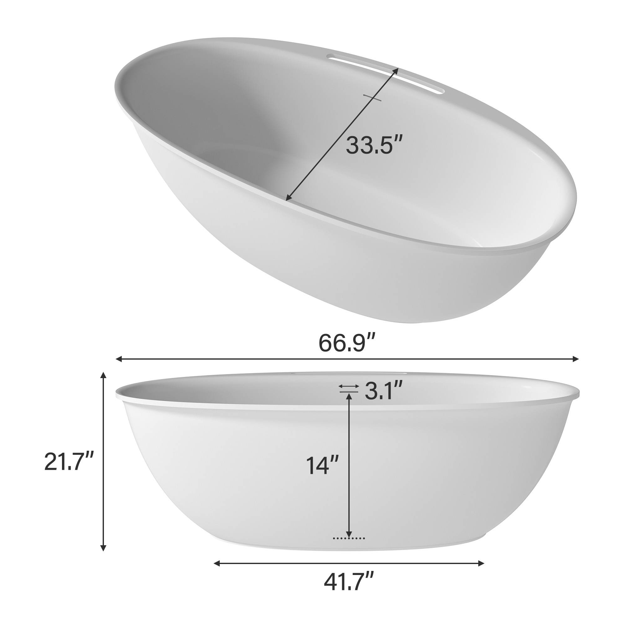 Matte white 67-inch artificial stone freestanding bathtub, hand-polished, with drainer + drain cover + drain pipe