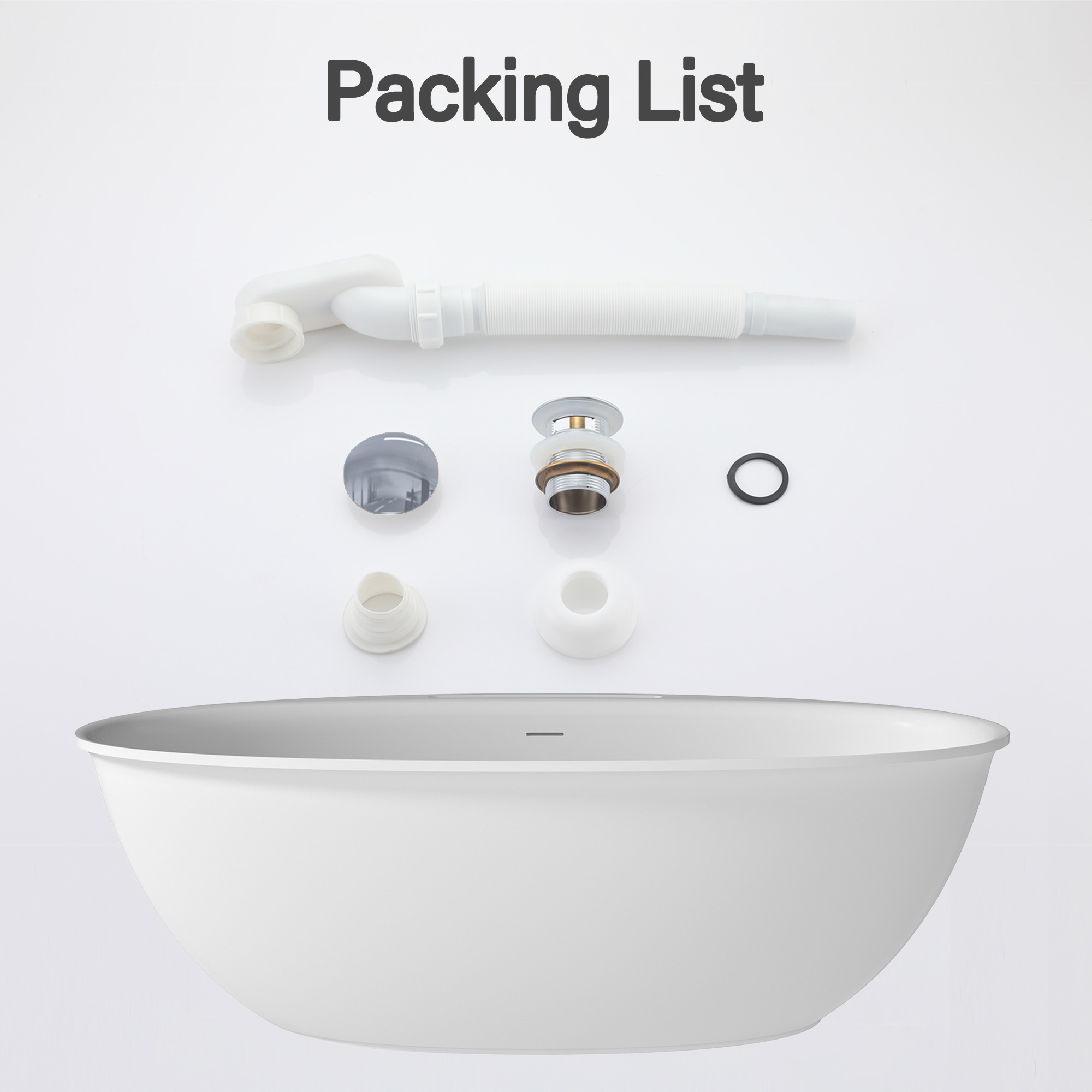 Matte white 67-inch artificial stone freestanding bathtub, hand-polished, with drainer + drain cover + drain pipe