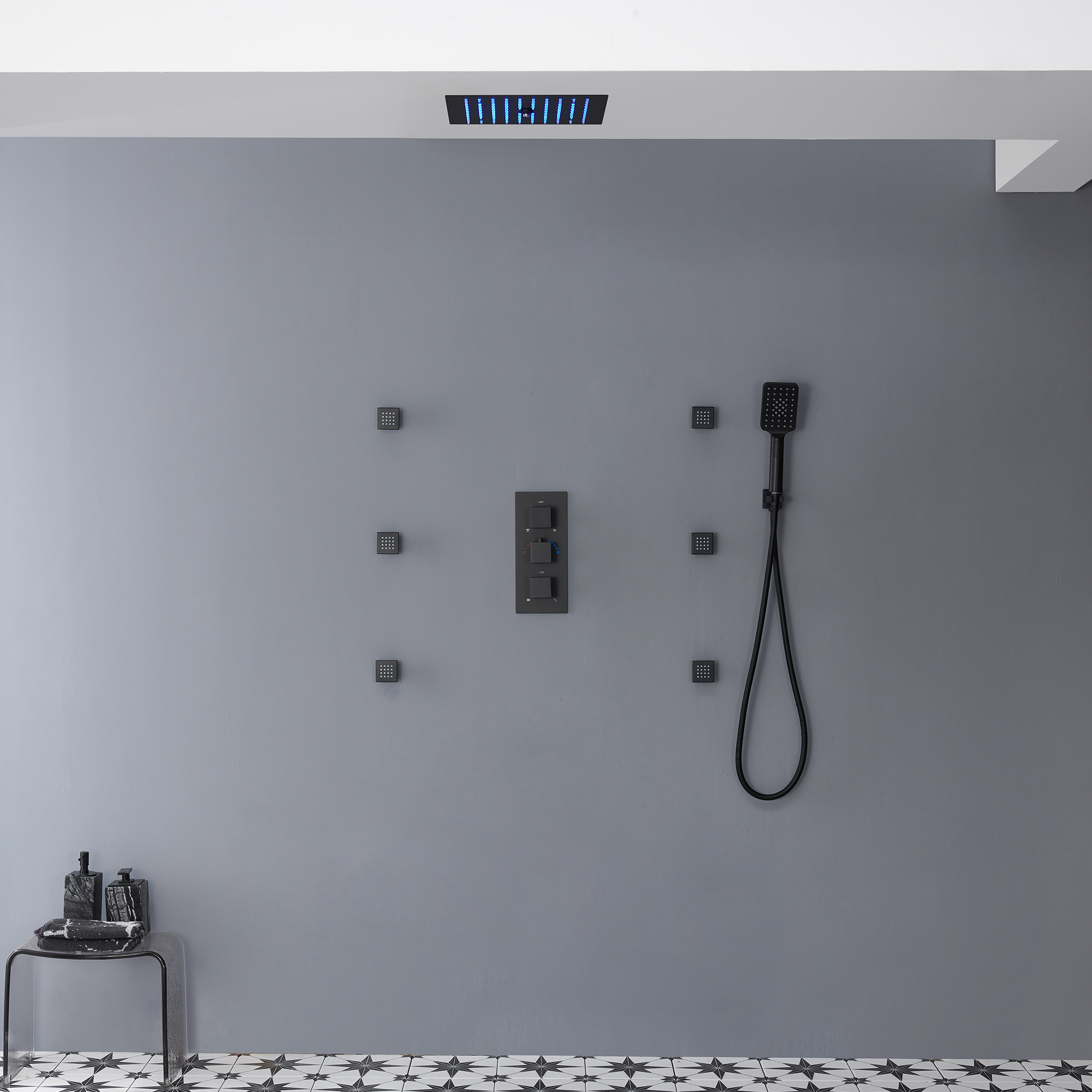 Mondawe Luxury Thermostatic LED 4-Spray Patterns 12 in. Flush Ceiling Mount Rainfall Dual Shower Heads-Mondawe