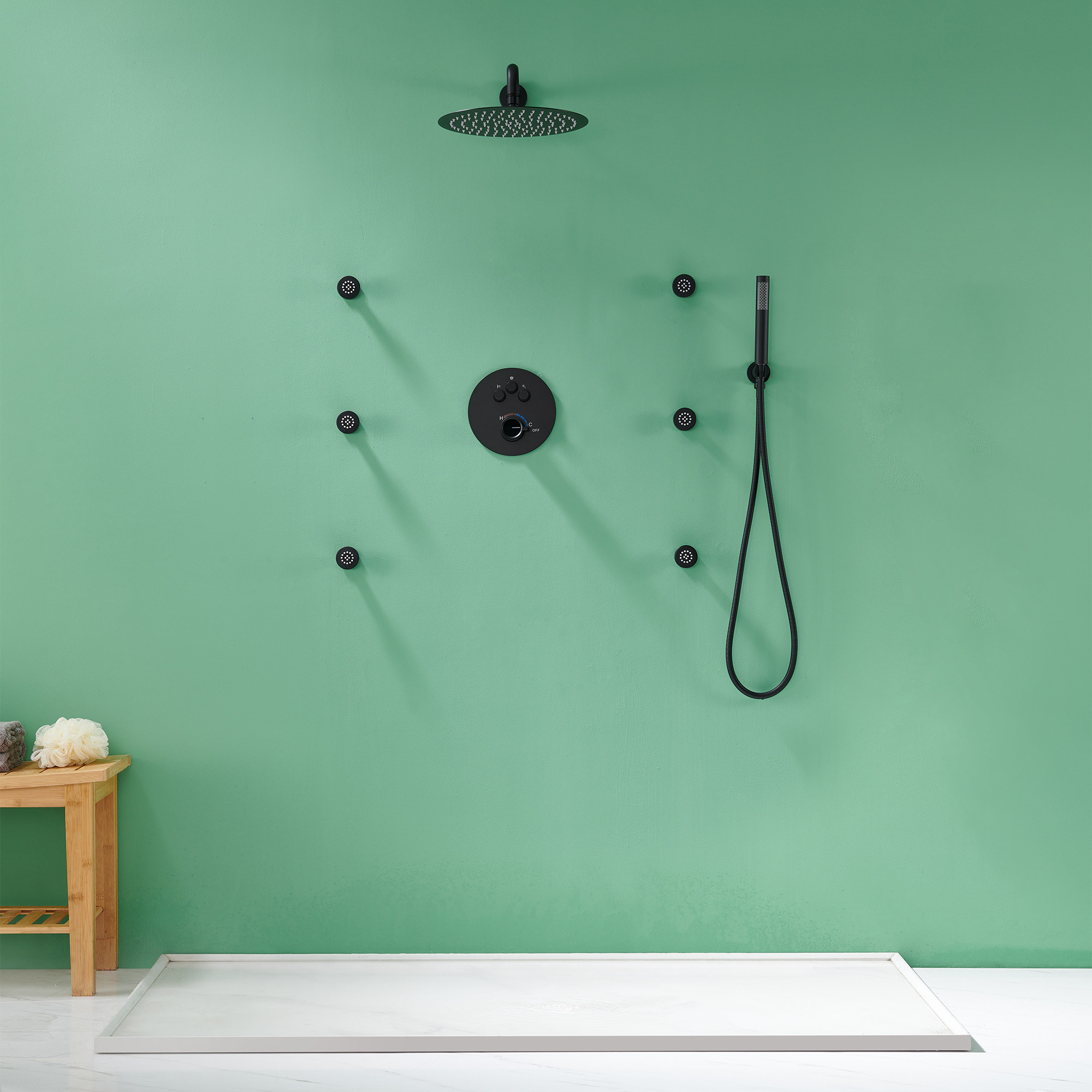 Mondawe Round Shower System With Body Jet,12 inch Wall Mounted High-Pressure Rainfall Shower Head Handheld and 6 pcs Body Sprays,Rain Shower Mixer Combo Set-Mondawe