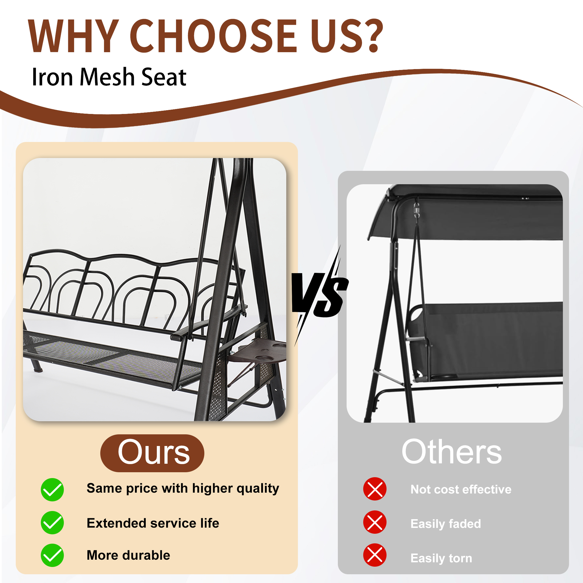 Steel 3 Person Patio Swing Chair Swinging Outdoor Chair with Removable Mat, Cushion and Convertible Canopy