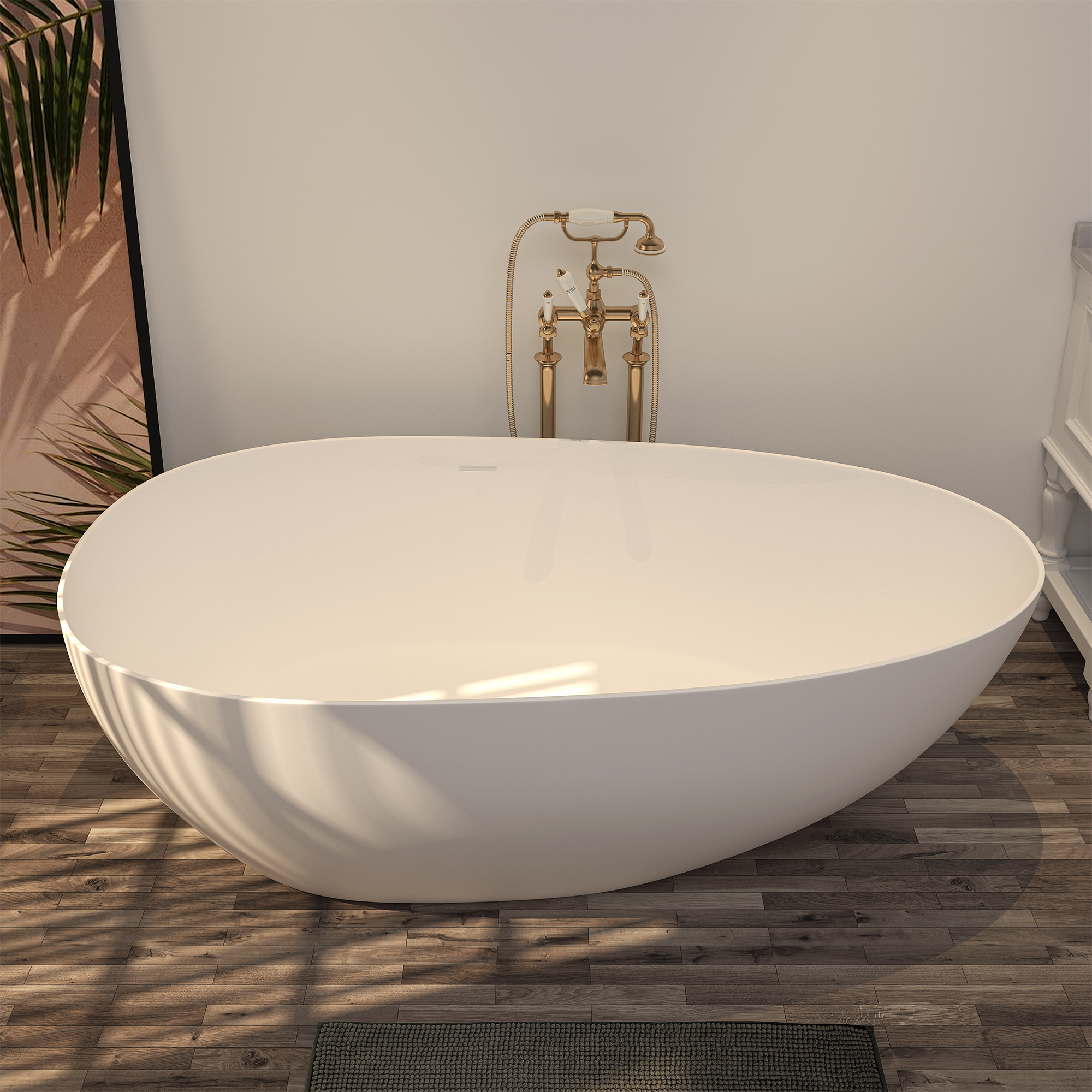 71'' Resin Stone Freestanding Bathtub, Solid Surface Matte White Free Standing Tub, Egg Shape Stand Alone Soaking Tubs with Drain, Drain Hose & Sanding Paper