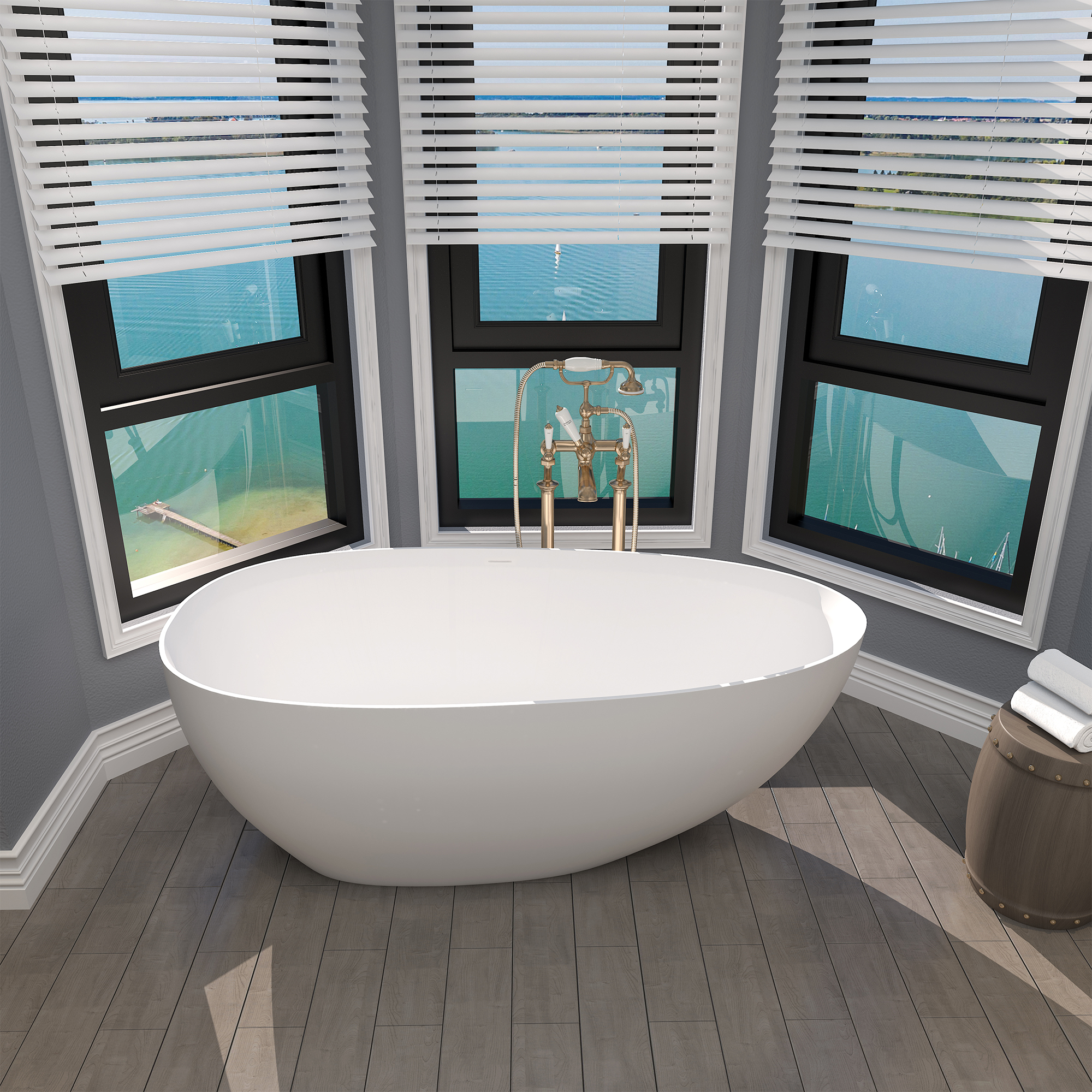 63 in. Solid Surface Free-Standing Bathtub with Centre Drain in Matte White