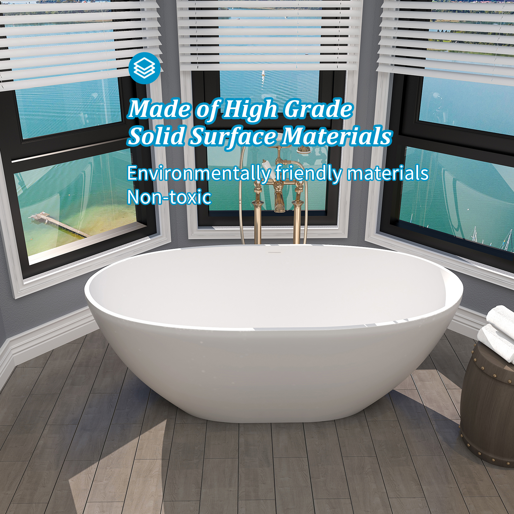 Boyel Livong 61" Matte White Faux Stone Freestanding Soaking Tub with Drain