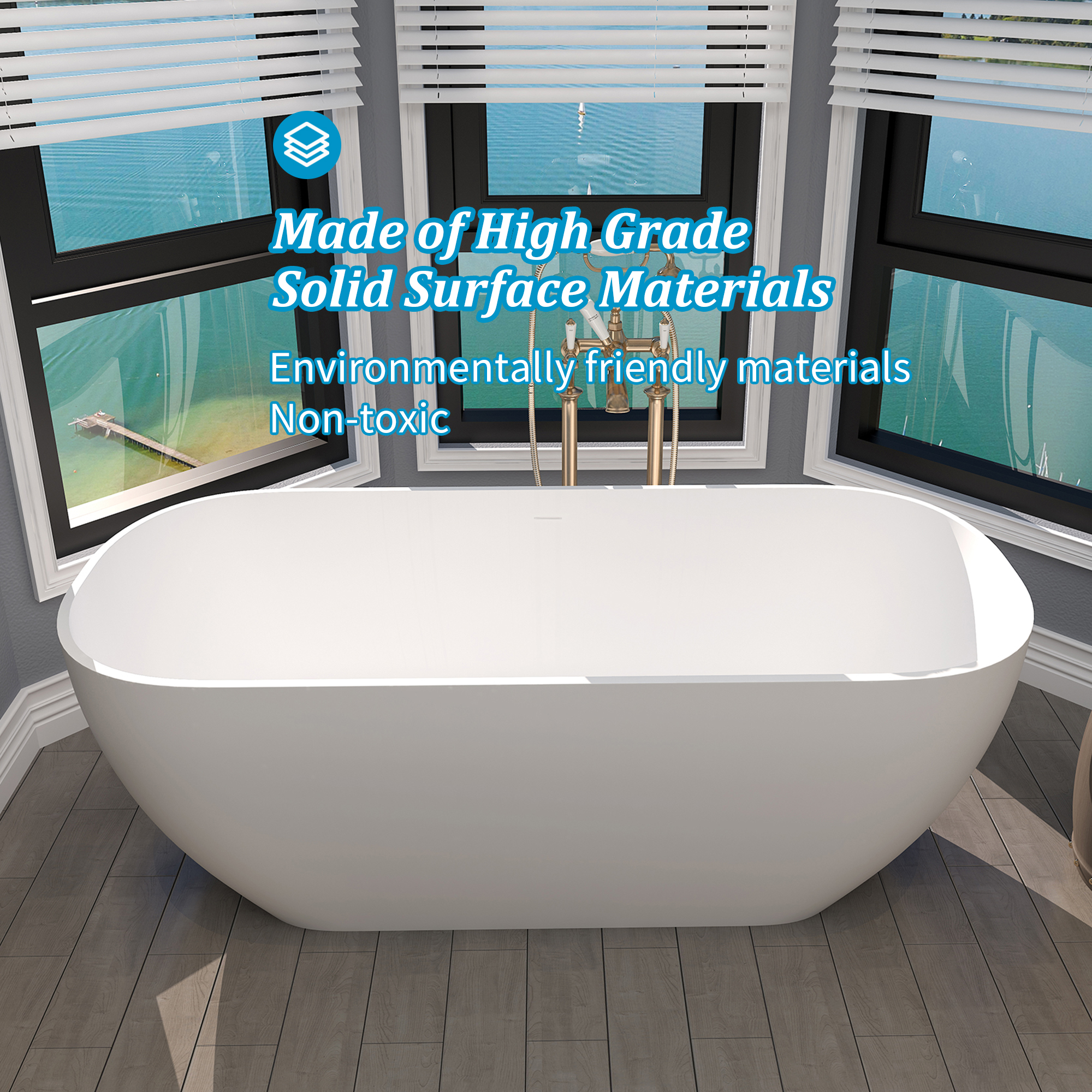 67'' Resin Stone Freestanding Bathtub, Matte White Solid Surface Free Standing Tub, Classic Double Ended Soaking Bathtub with Drain, Drain Hose & Sanding Paper