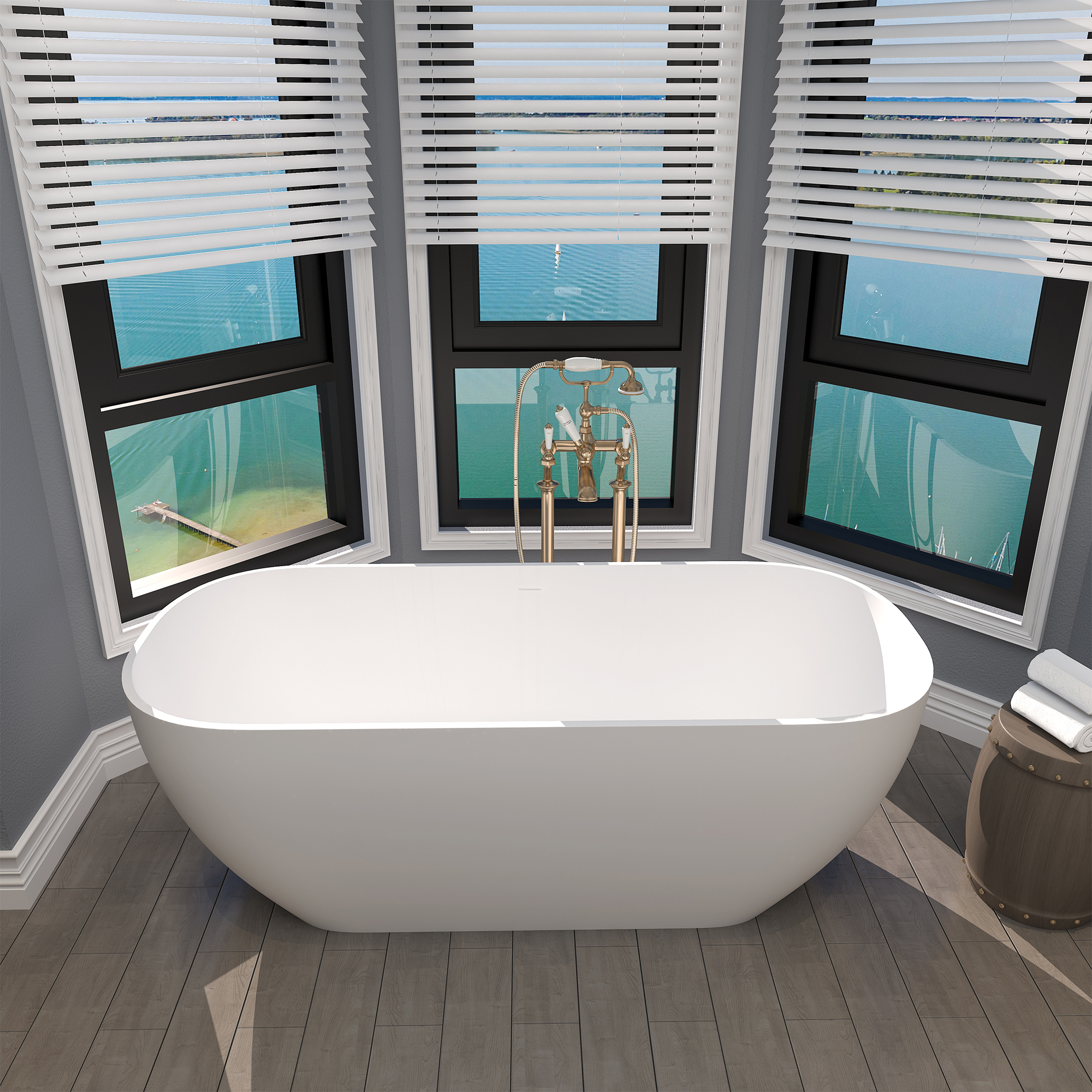 67'' Resin Stone Freestanding Bathtub, Matte White Solid Surface Free Standing Tub, Classic Double Ended Soaking Bathtub with Drain, Drain Hose & Sanding Paper