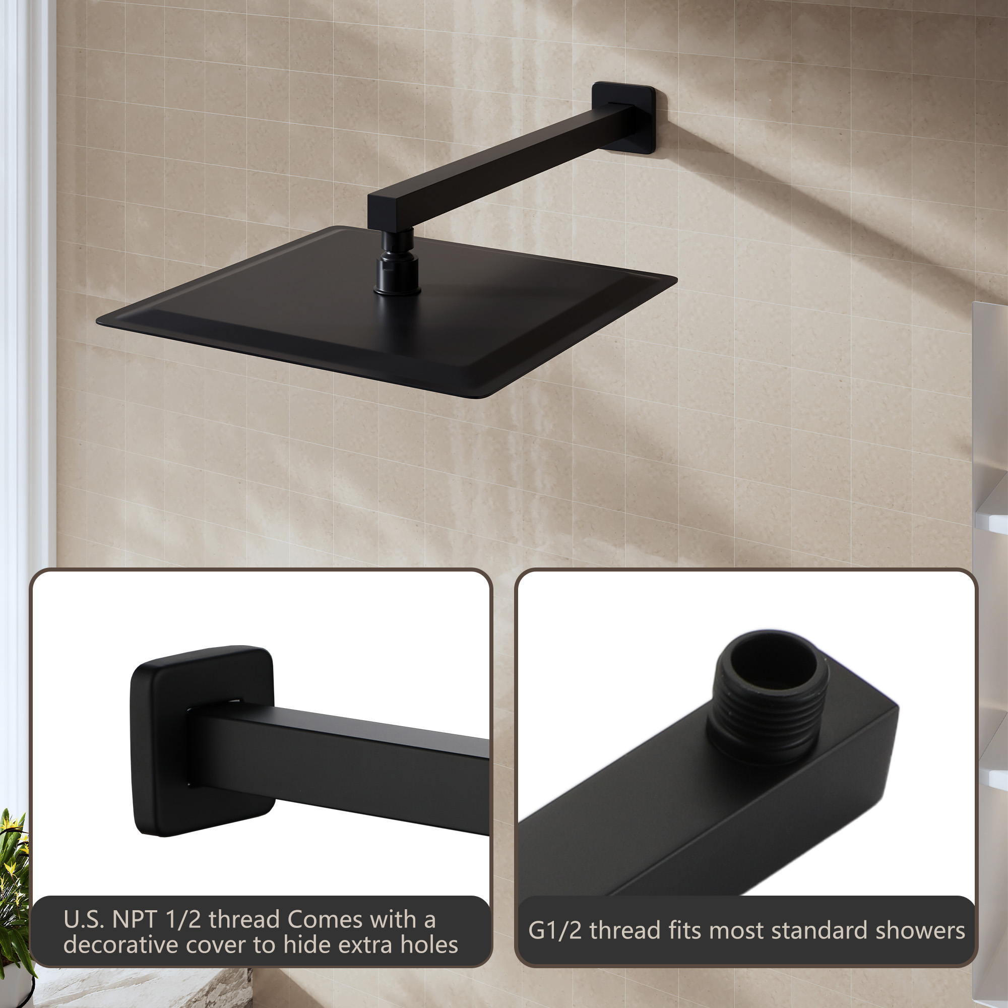 15.75" Stainless Steel Wall Mounted Square Shower Arm with Flange for Rain Shower Head in Brushed Nickel/Matte Black