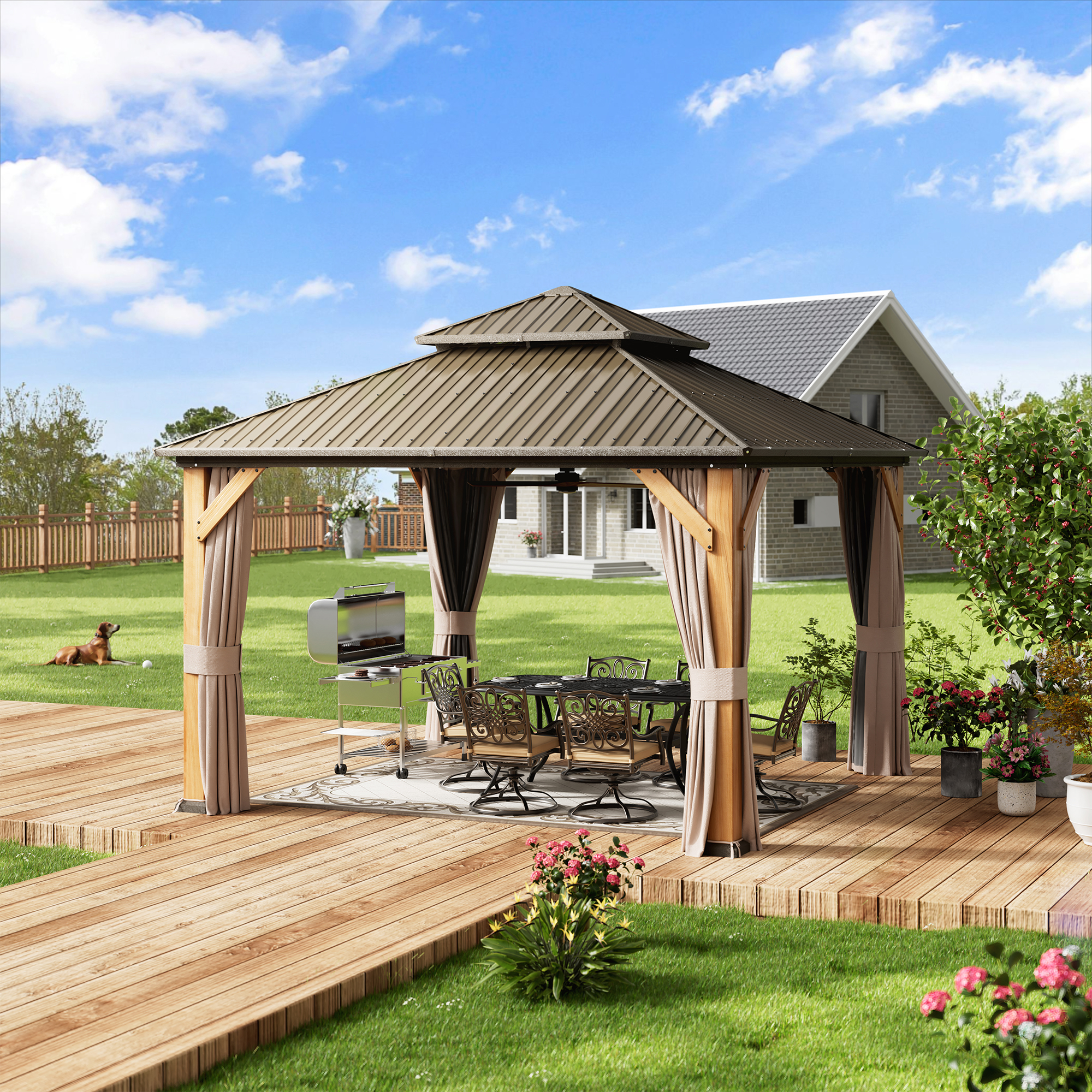 Cedar Frame Hard Top Gazebo with Galvanized Steel Double Roof, Curtain and Net, Outdoor Wooden Gazebo Pergola for Patio Lawn Backyard