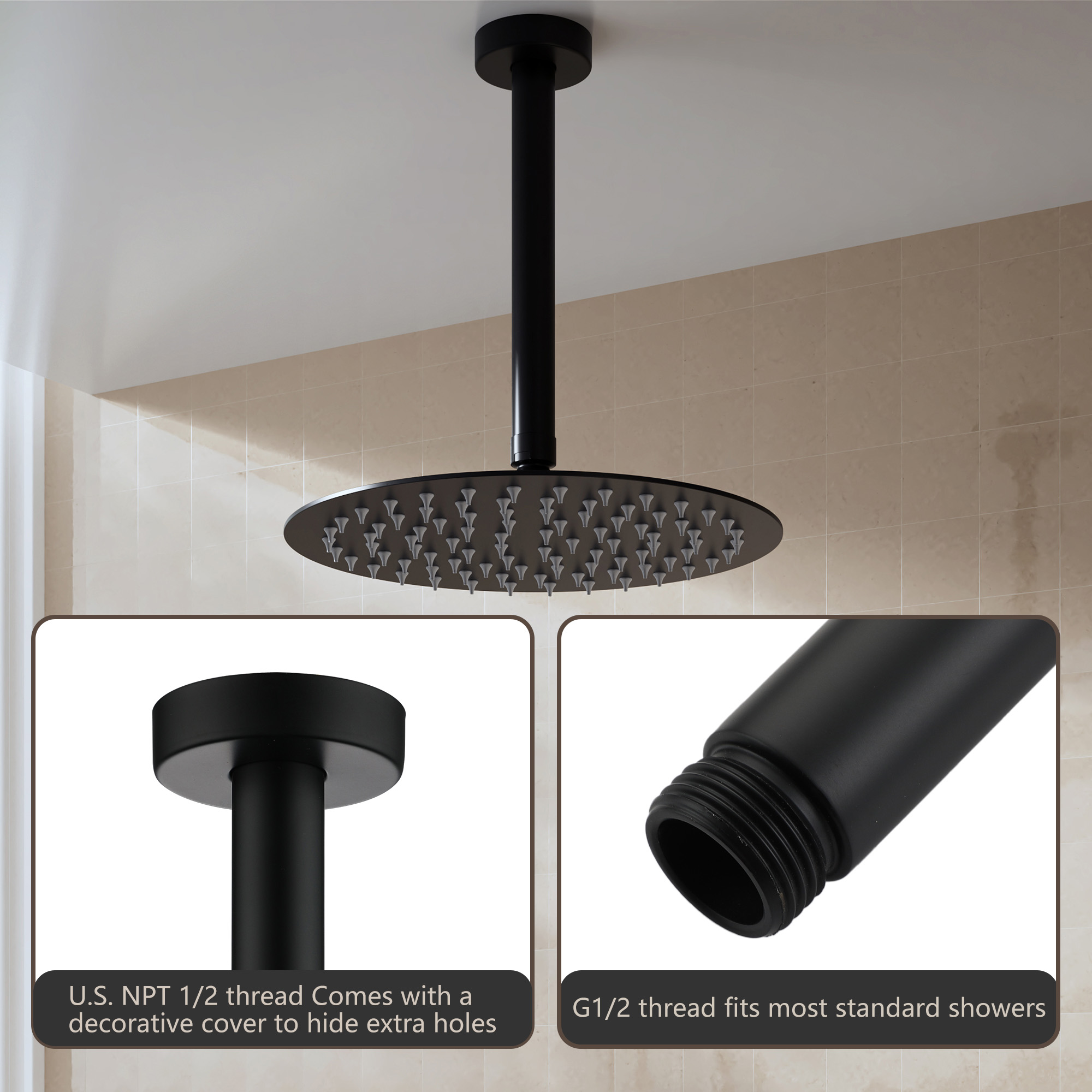 7.88" Stainless Steel Celling Mounted Round/Square Shower Arm with Flange for Rain Shower Head in Matte Black/ Brushed Nickel