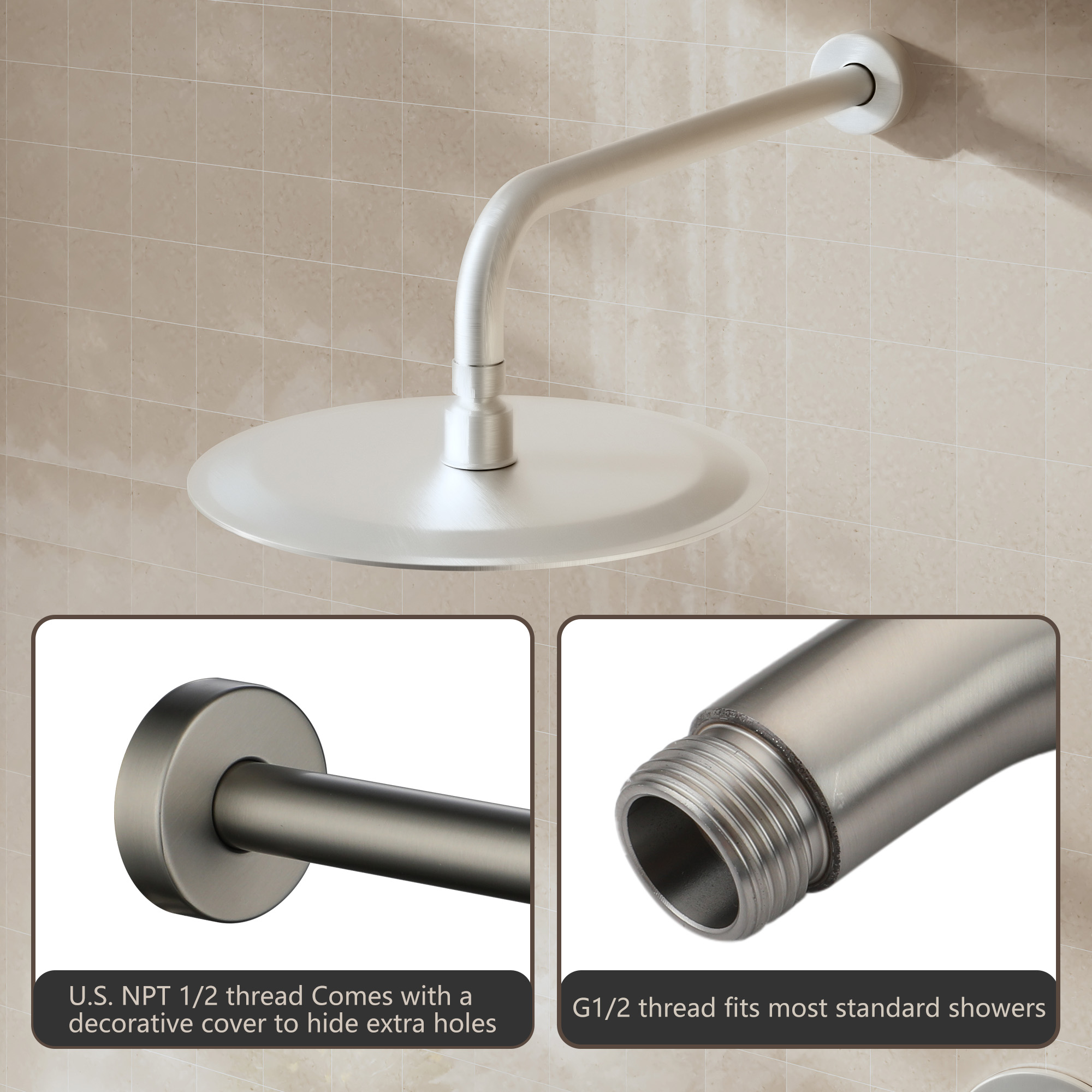 15.75" Stainless Steel Wall Mounted Round Shower Arm with Flange for Rain Shower Head in Matte Black/Brushed Nickel